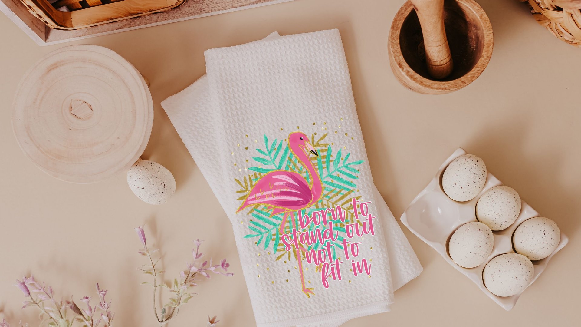 born to stand out flamingo hand towels for bathroom, tropical kitchen towels, flamingo kitchen decor, beach house gifts, flamingo gifts for
