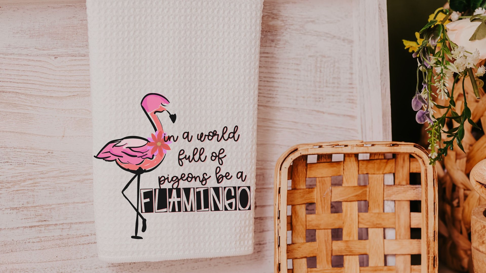 in a world full of pigeons be a flamingo kitchen towels for friends, flamingo Christmas gifts for beach lovers, secret Santa gifts for women