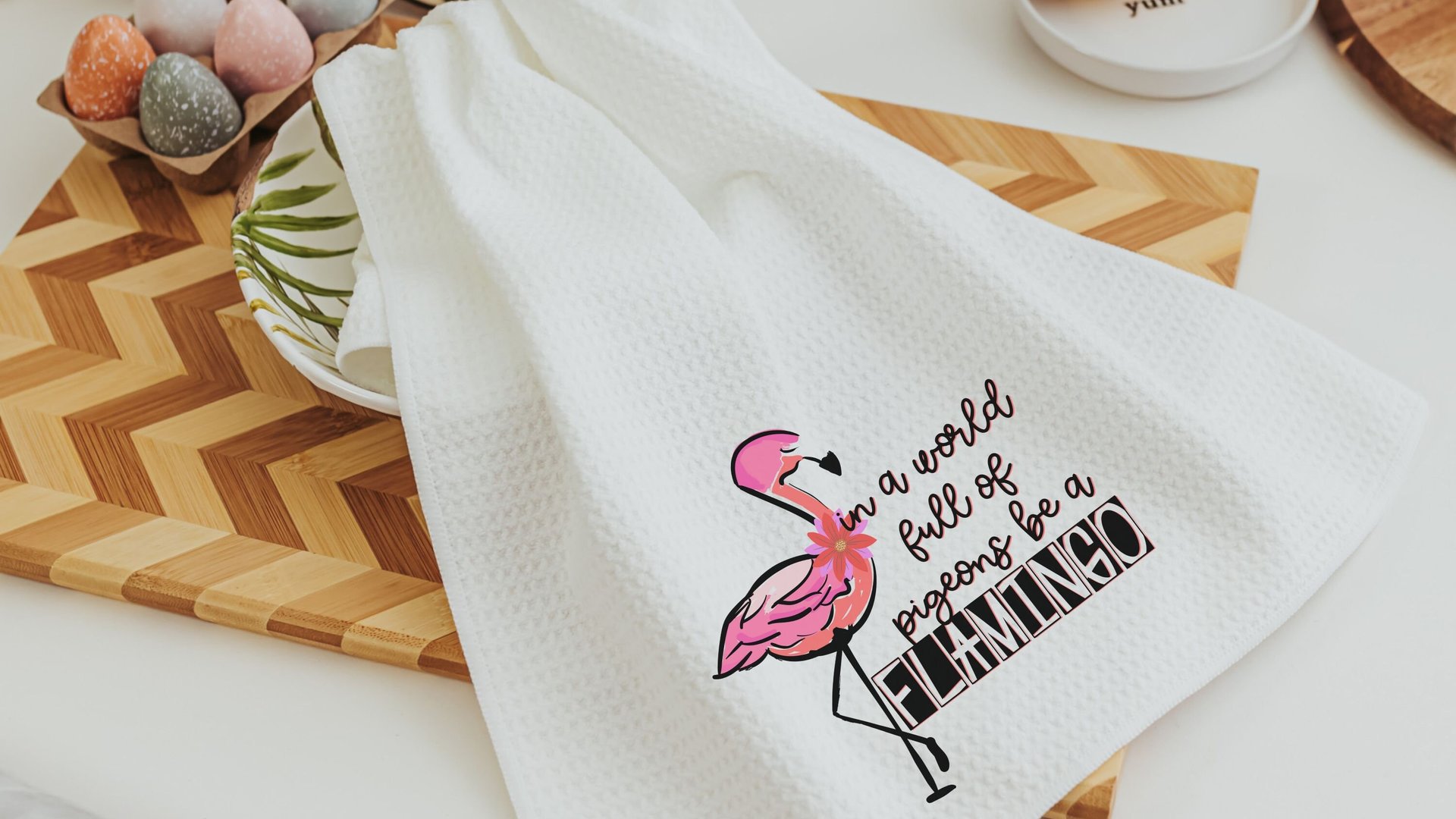 in a world full of pigeons be a flamingo kitchen towels for friends, flamingo Christmas gifts for beach lovers, secret Santa gifts for women