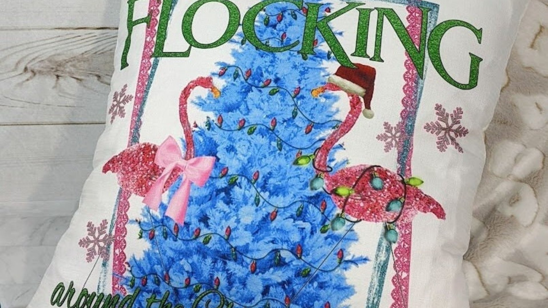 flocking around the Christmas tree flamingo pillow, beach Christmas gifts for best friend, secret Santa gifts for women, Christmas hostess