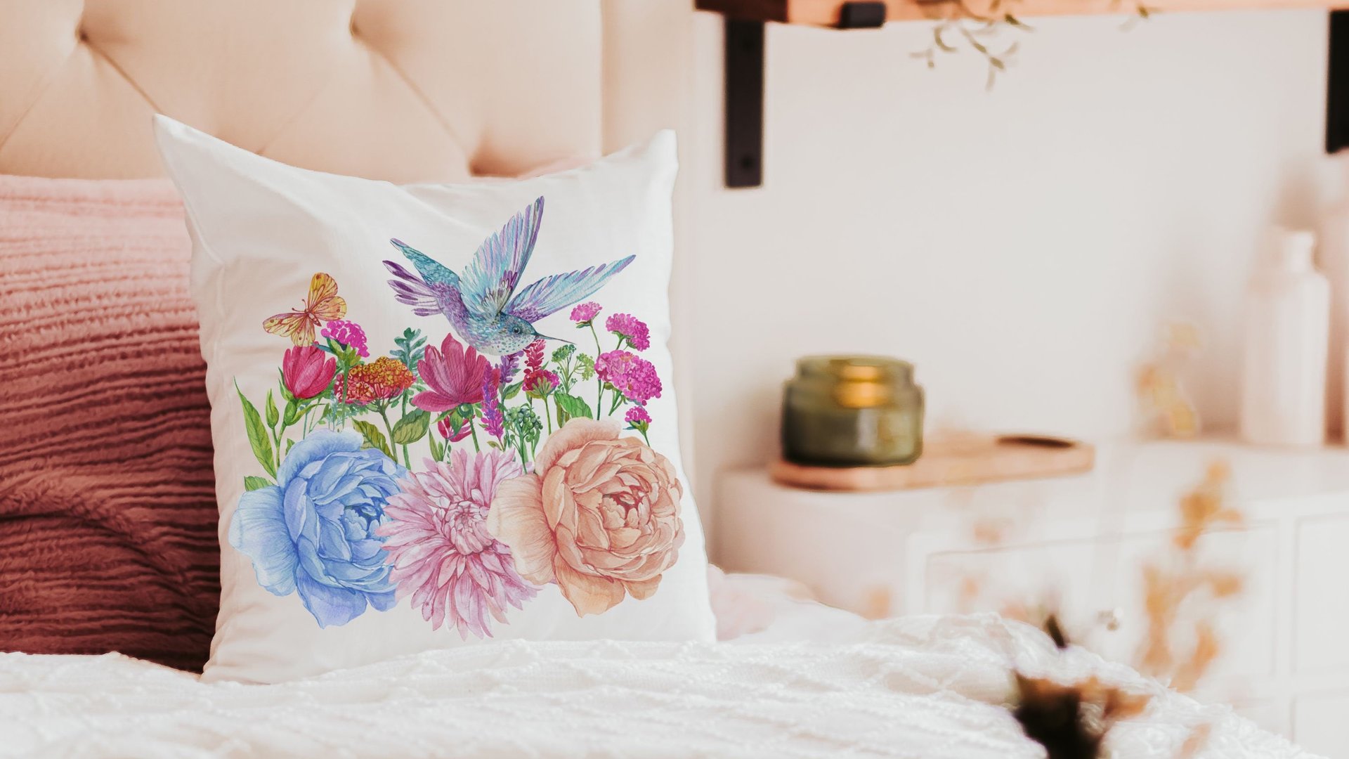 hummingbird throw pillow for Spring decor for home, hummingbird gifts for mom, trendy Mothers day gifts for step mom, wildflower throw