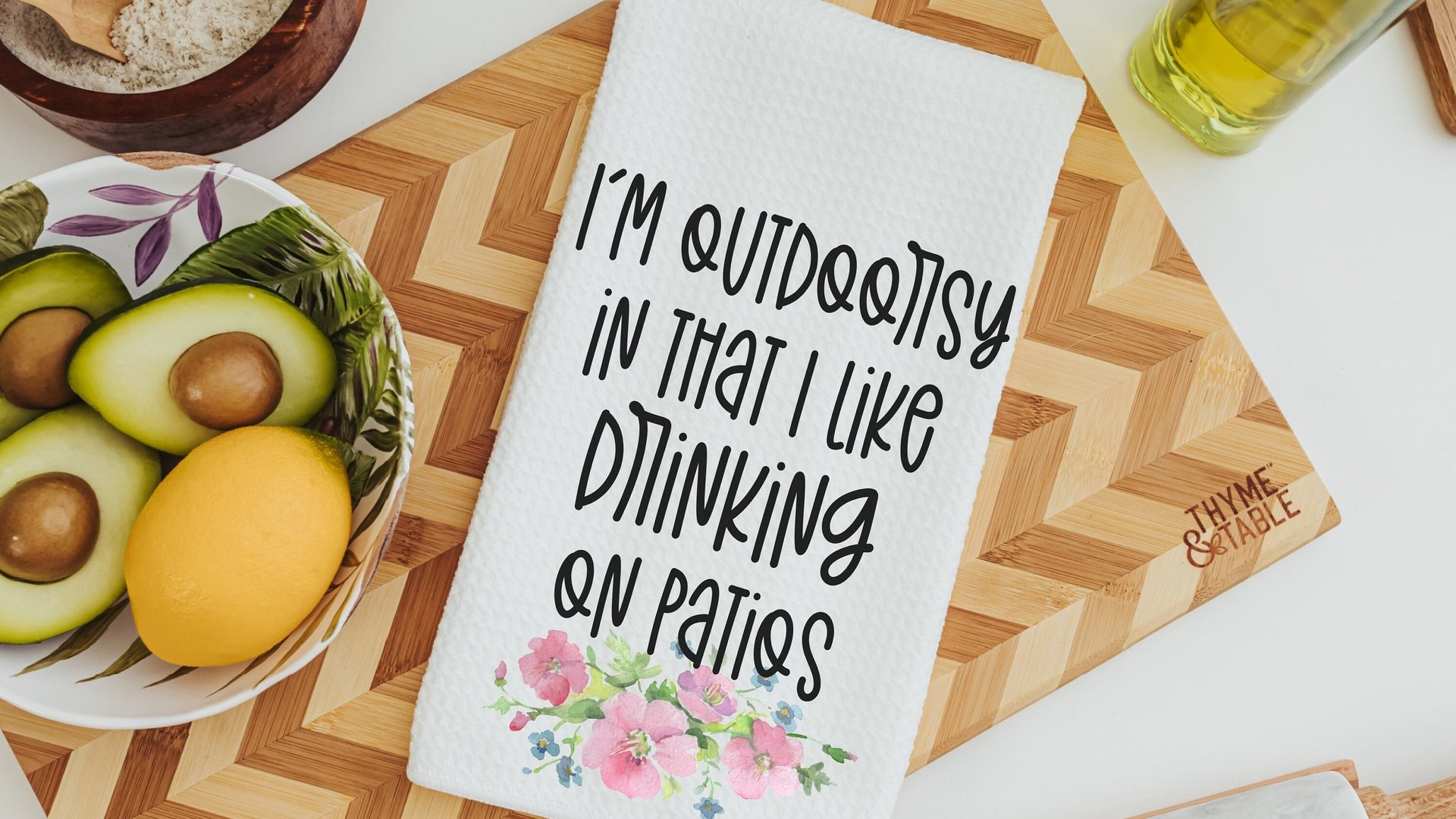 i'm outdoorsy i drink wine on the patio wine kitchen towel funny kitchen sayings dish towels, wine gifts for women, wine Christmas gifts for
