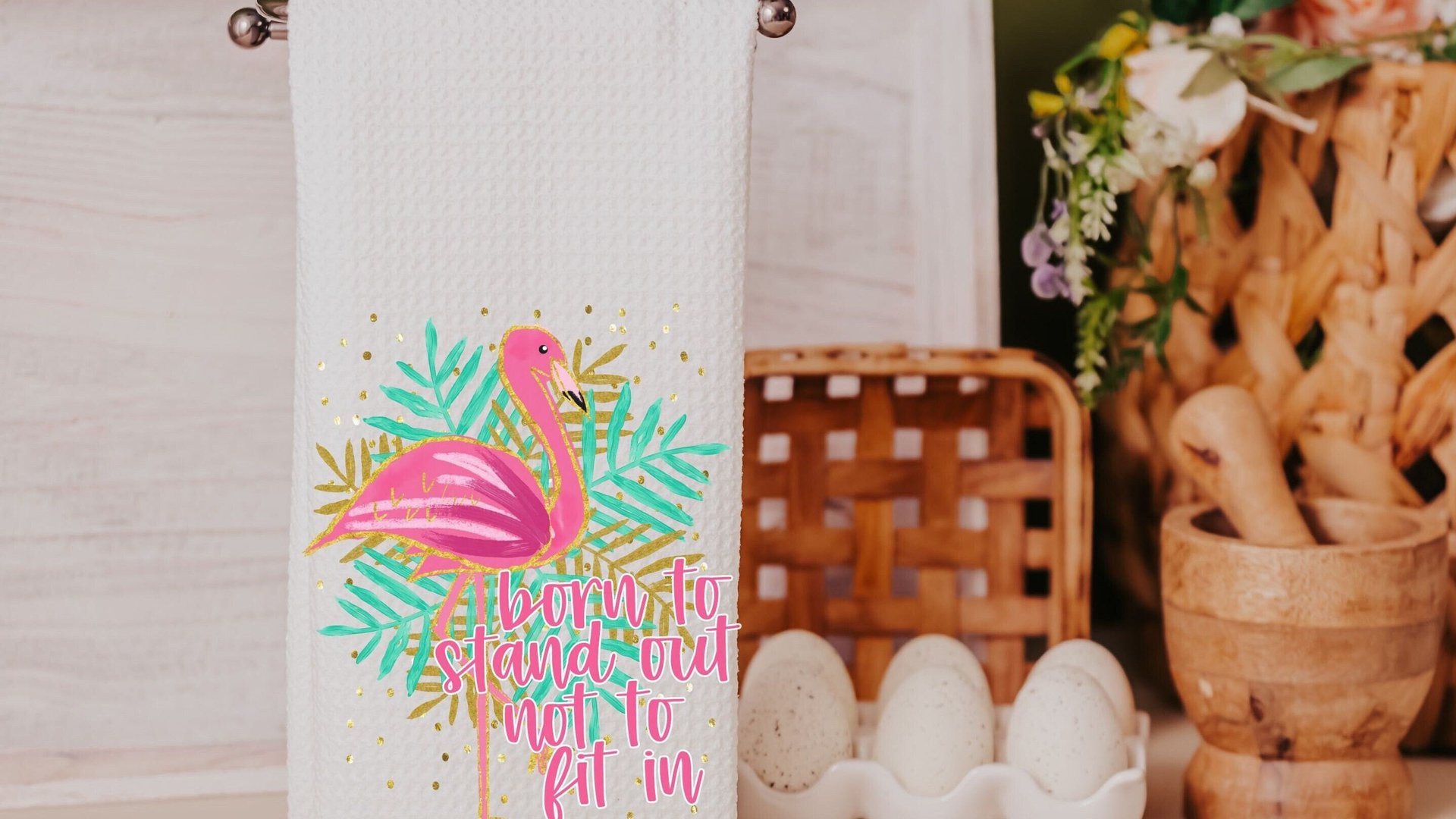 born to stand out flamingo hand towels for bathroom, tropical kitchen towels, flamingo kitchen decor, beach house gifts, flamingo gifts for