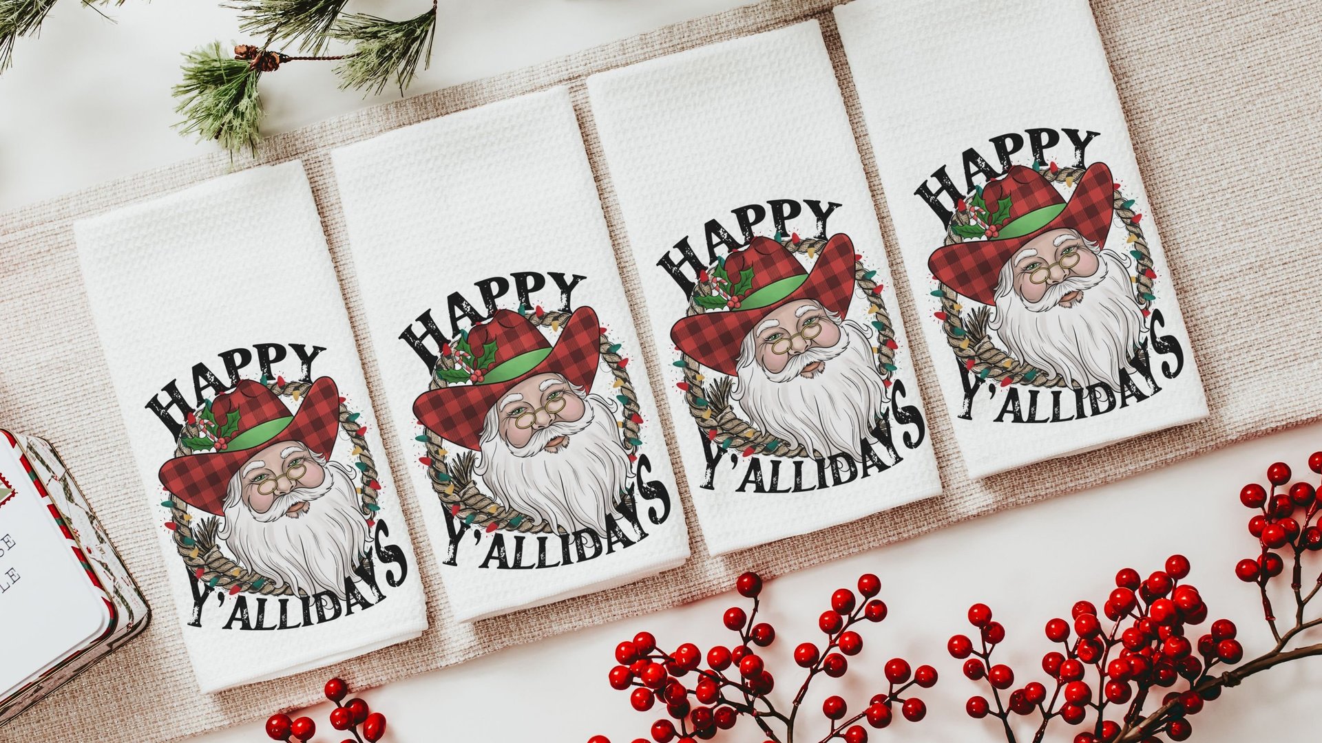 happy yallidays cowboy Santa throw pillows for sofa, rodeo Christmas pillow, western Christmas decor, white elephant gifts funny Christmas