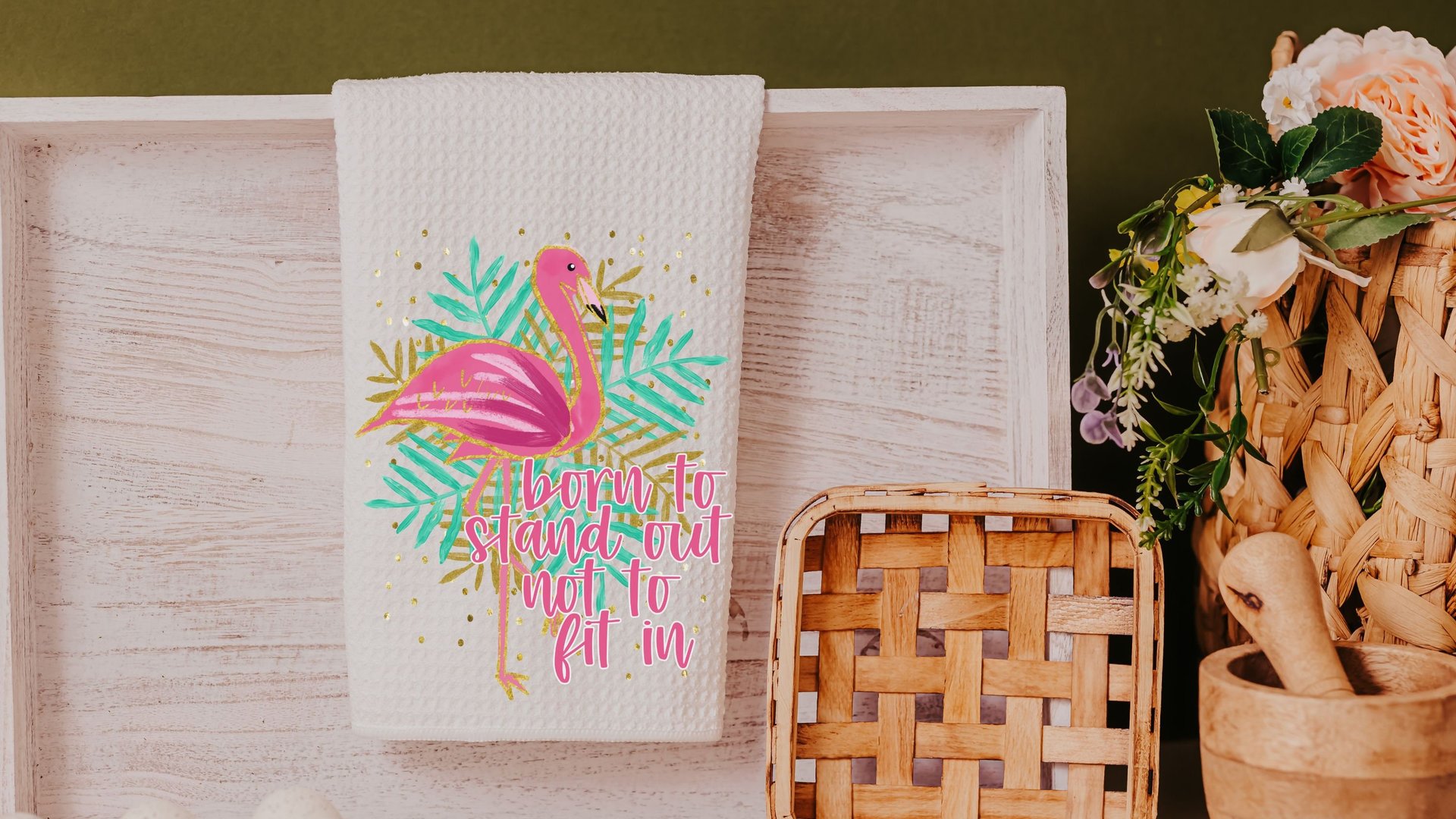born to stand out flamingo hand towels for bathroom, tropical kitchen towels, flamingo kitchen decor, beach house gifts, flamingo gifts for