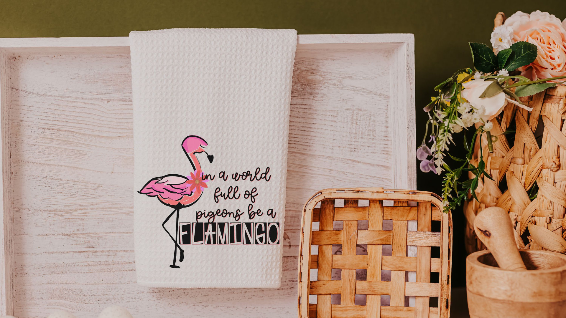 in a world full of pigeons be a flamingo kitchen towels for friends, flamingo Christmas gifts for beach lovers, secret Santa gifts for women