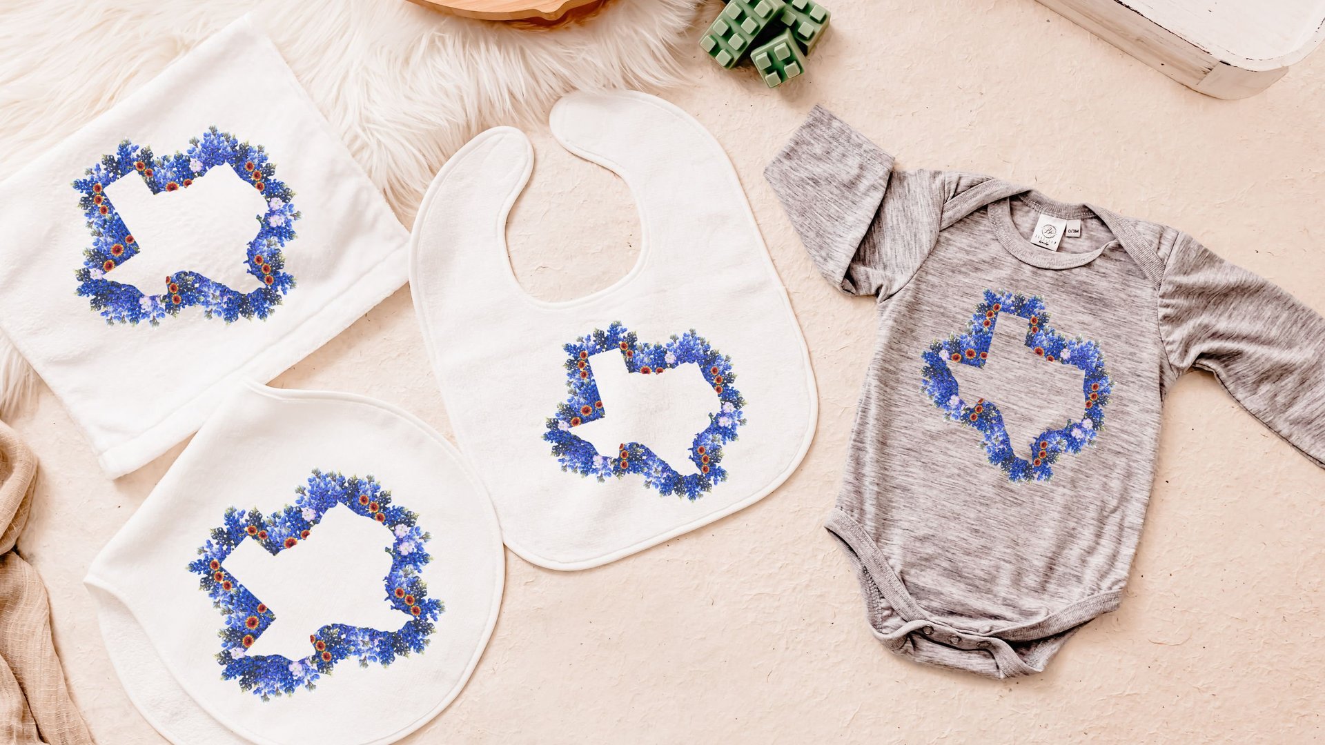 Texas bluebonnets baby girl layette set, Texas state flower baby bibs girl, cute Texas baby gift girl, floral Texas baby bodysuit bundle