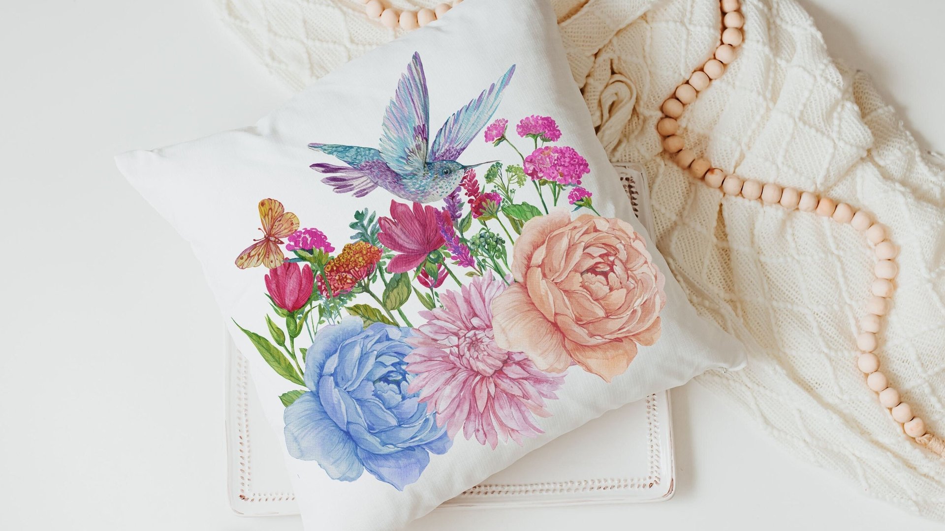 hummingbird throw pillow for Spring decor for home, hummingbird gifts for mom, trendy Mothers day gifts for step mom, wildflower throw