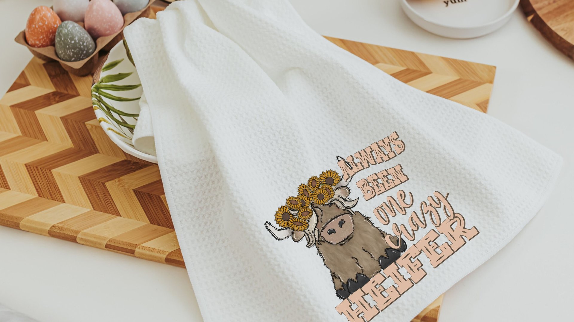 crazy heifer funny kitchen towels for women, highland cow gifts for cow lovers, cute cow kitchen decor, sunflower cow hand towels for