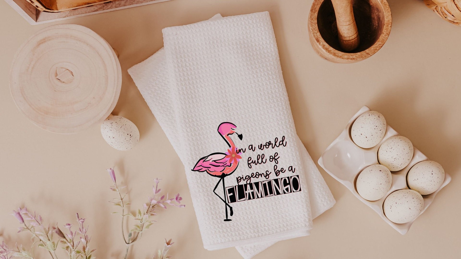 in a world full of pigeons be a flamingo kitchen towels for friends, flamingo Christmas gifts for beach lovers, secret Santa gifts for women