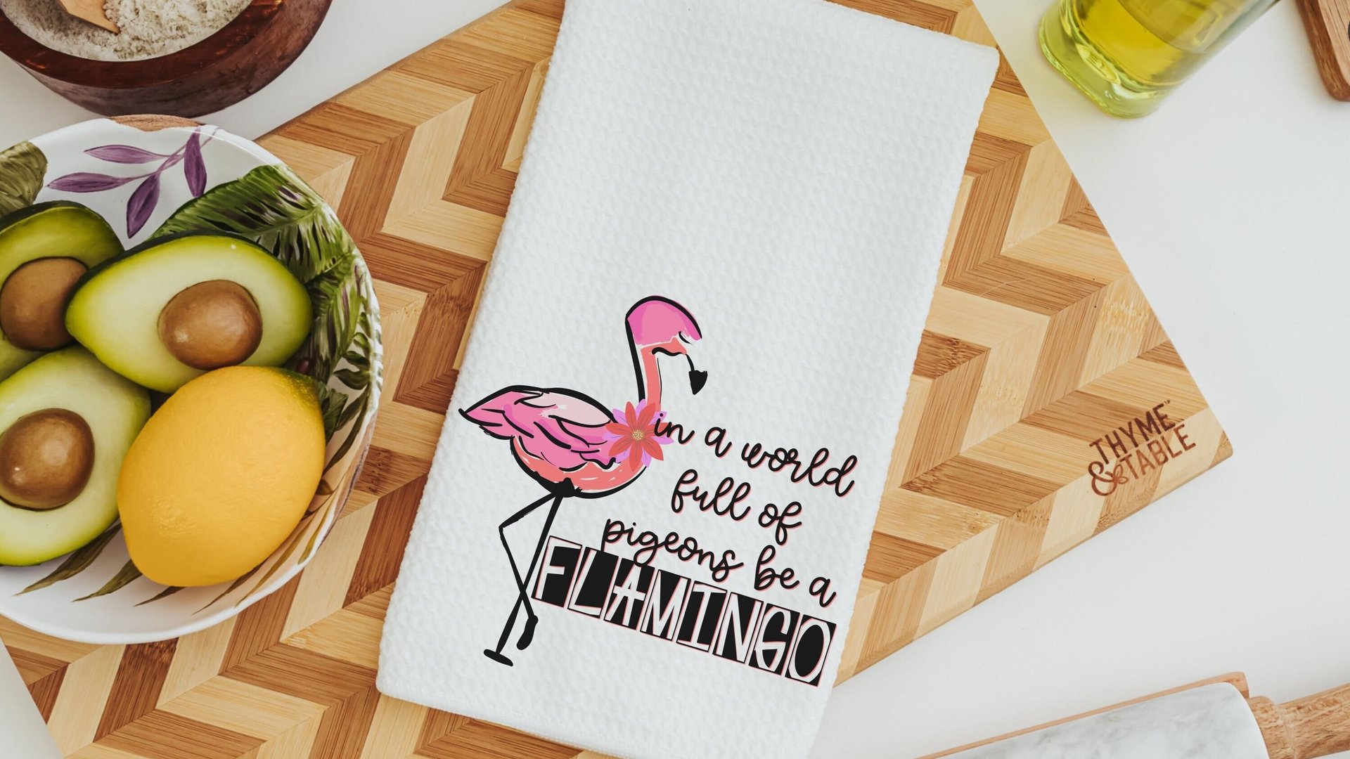 in a world full of pigeons be a flamingo kitchen towels for friends, flamingo Christmas gifts for beach lovers, secret Santa gifts for women