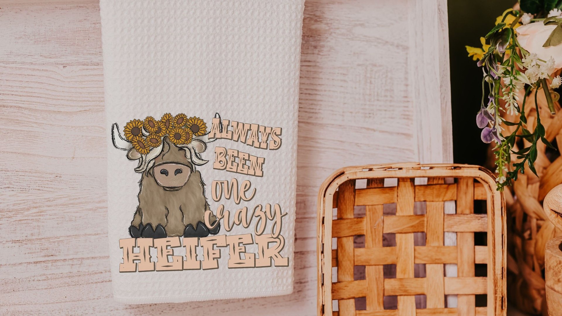 crazy heifer funny kitchen towels for women, highland cow gifts for cow lovers, cute cow kitchen decor, sunflower cow hand towels for
