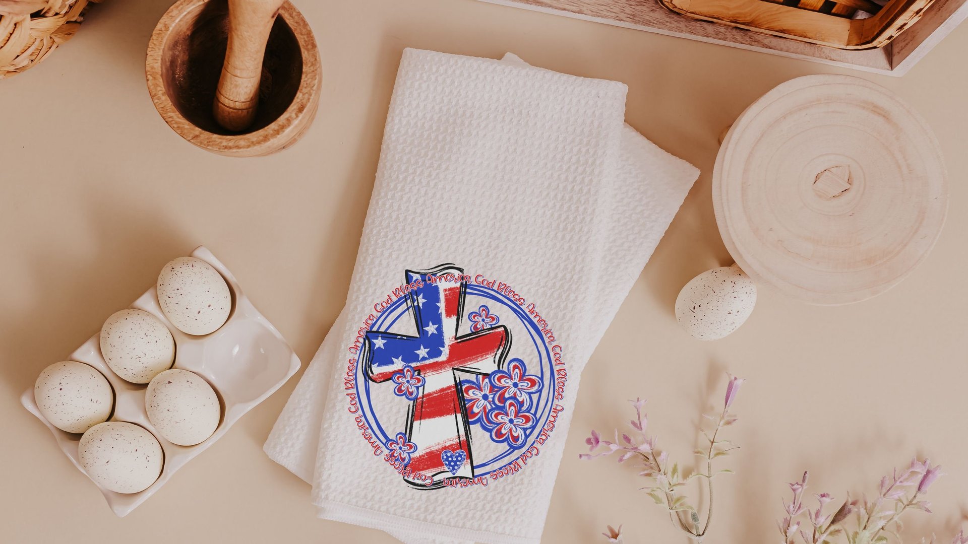 God bless America patriotic kitchen towels, 4th of July hostess gift for women, red white and blue Christian kitchen decor, military mom