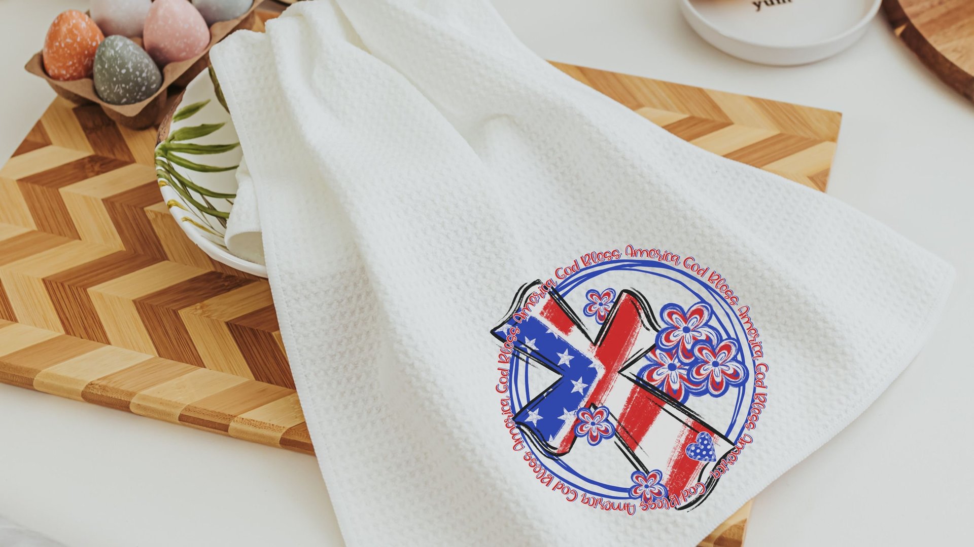 God bless America patriotic kitchen towels, 4th of July hostess gift for women, red white and blue Christian kitchen decor, military mom