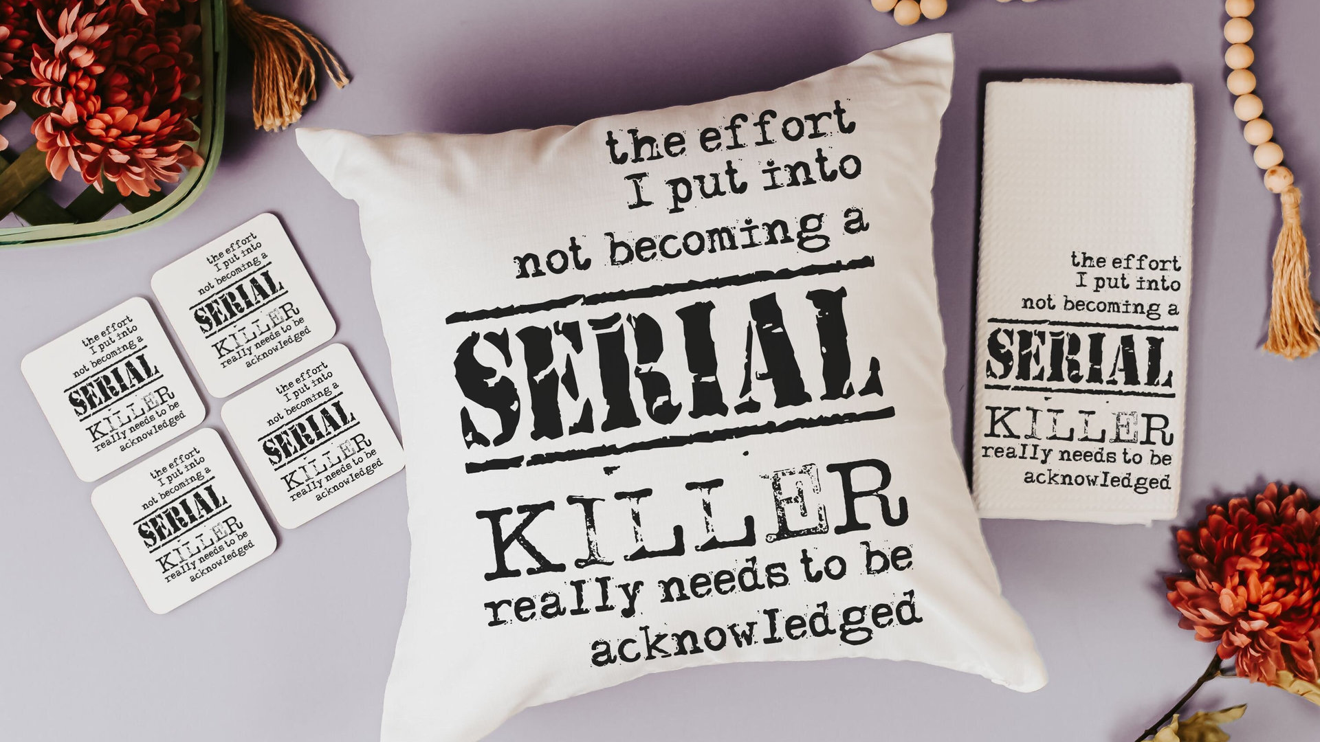 detective book reading nook pillow, dark humor gift set for best friend, serial killers and chill true crime gifts for women, funny coasters