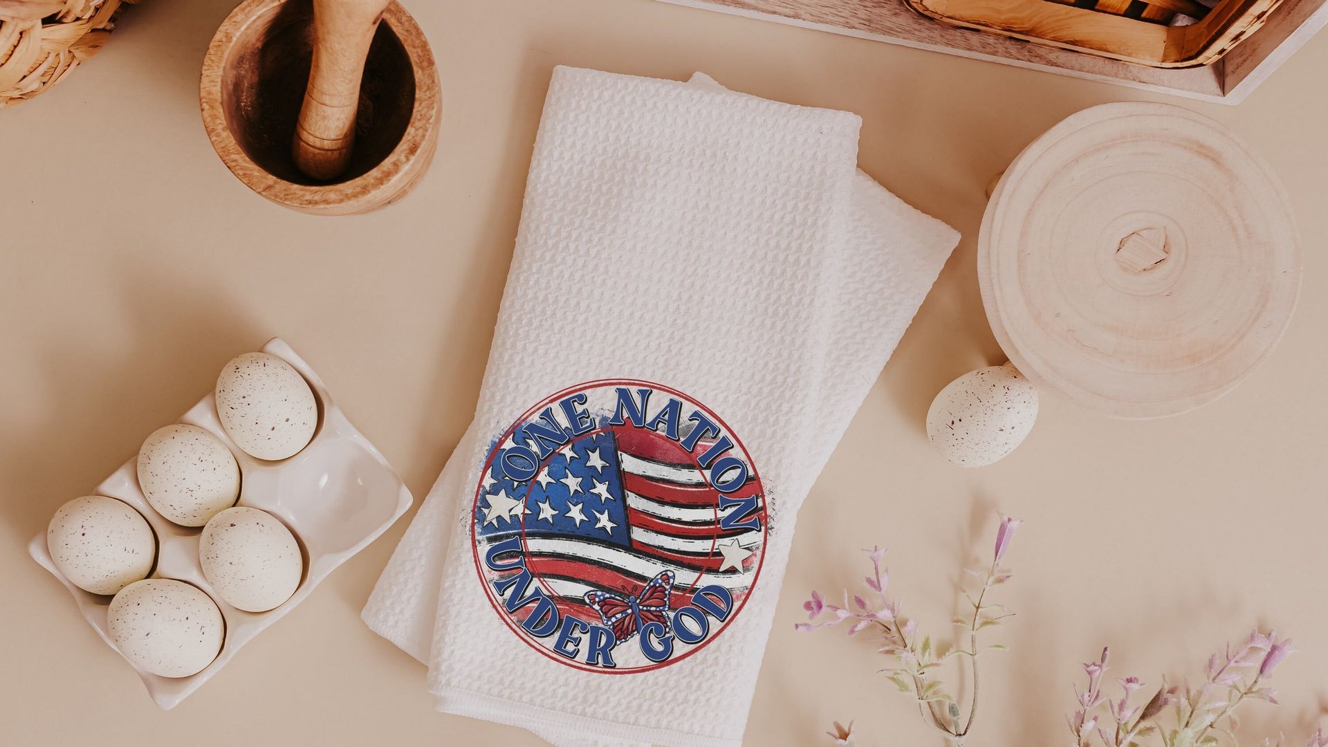 one nation under God American flag kitchen towel, 4th of July kitchen decor, patriotic decor for home, Pledge of Allegiance decor, hostess