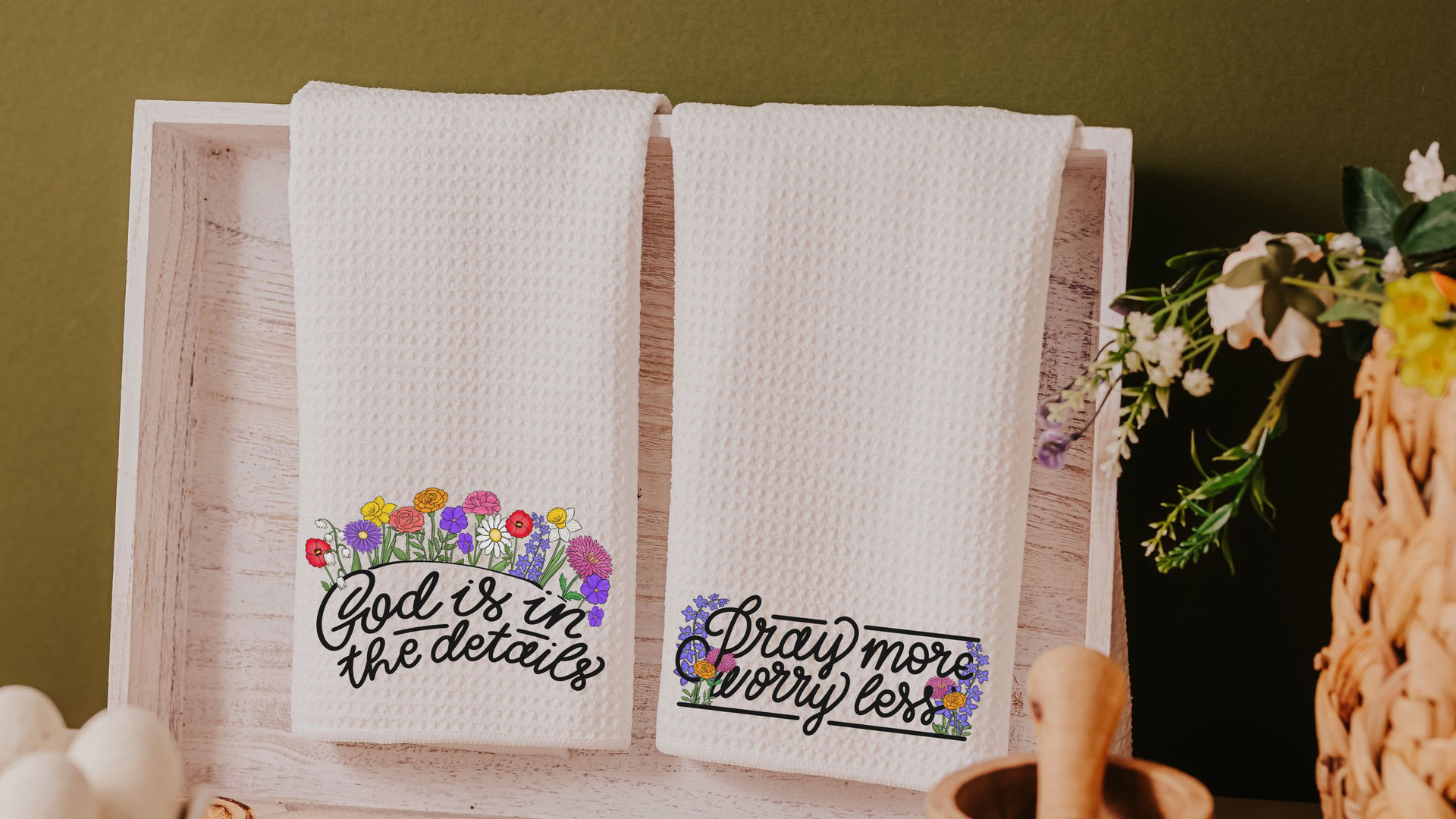 pray more worry less floral kitchen towels for Mom, inspirational Christian kitchen decor, godmother gifts from goddaughter, wildflower dish