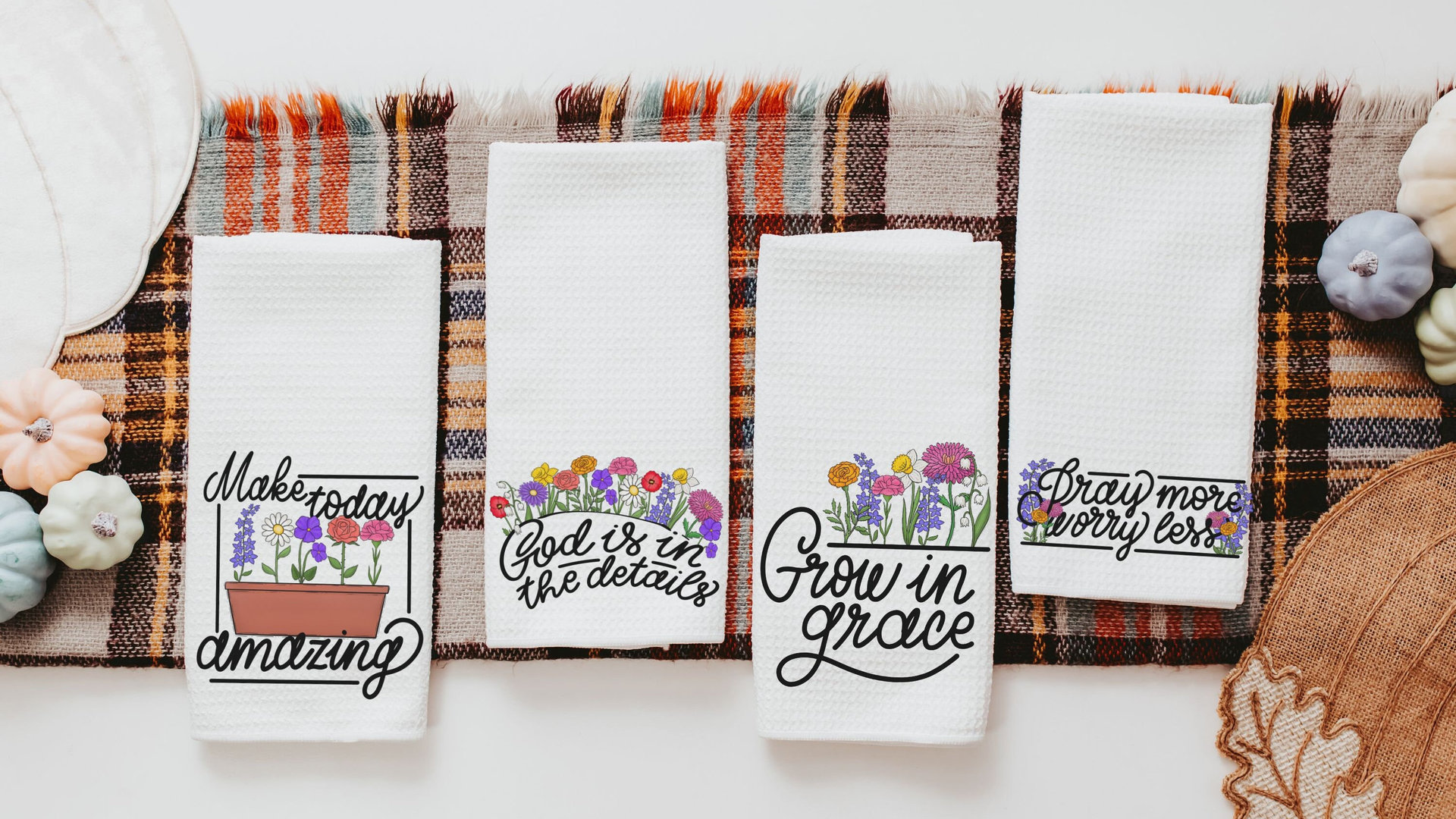 pray more worry less floral kitchen towels for Mom, inspirational Christian kitchen decor, godmother gifts from goddaughter, wildflower dish