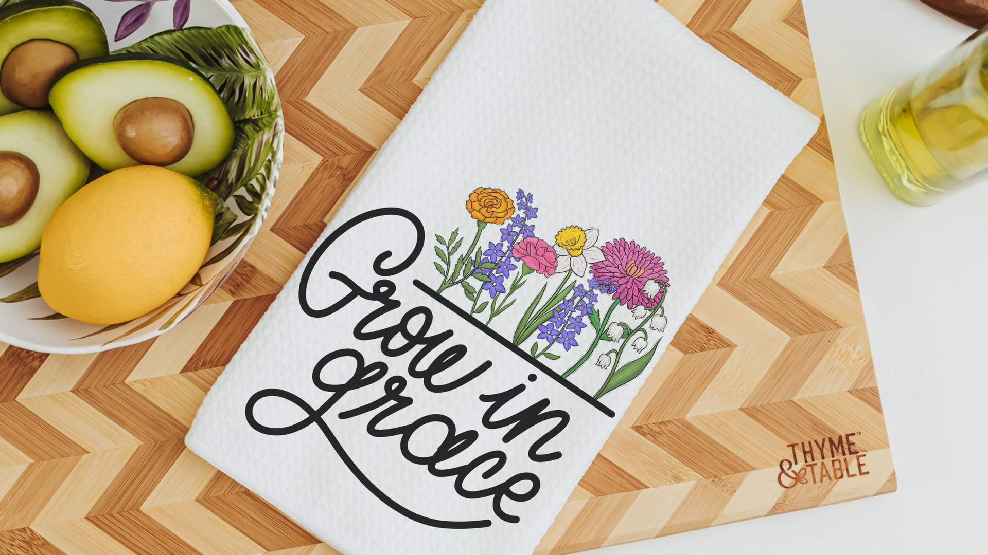 pray more worry less floral kitchen towels for Mom, inspirational Christian kitchen decor, godmother gifts from goddaughter, wildflower dish