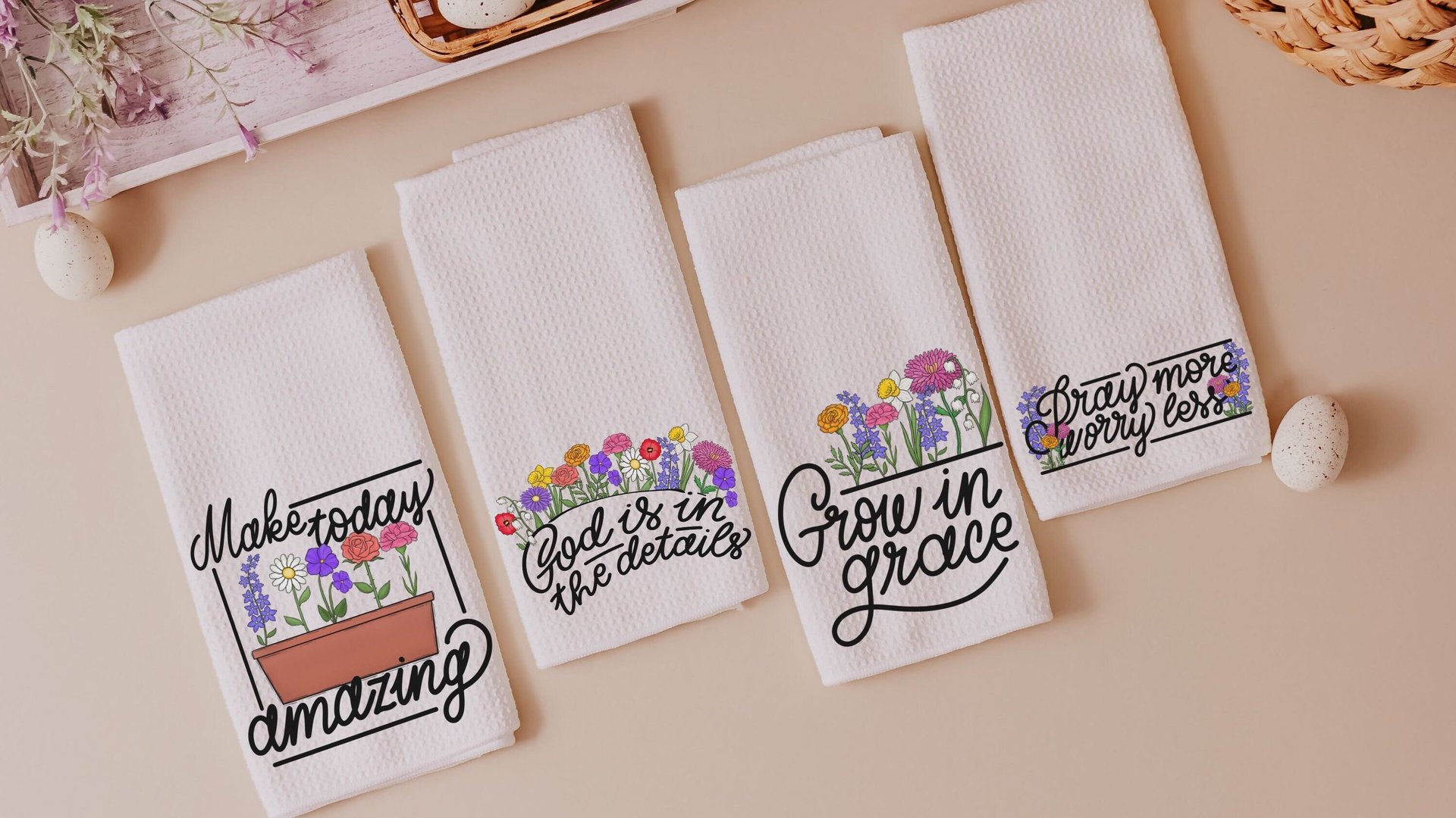 pray more worry less floral kitchen towels for Mom, inspirational Christian kitchen decor, godmother gifts from goddaughter, wildflower dish