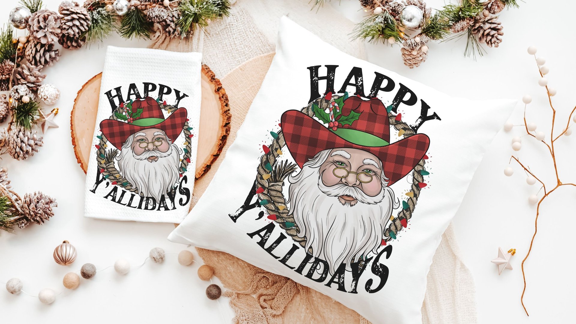 happy yallidays cowboy Santa throw pillows for sofa, rodeo Christmas pillow, western Christmas decor, white elephant gifts funny Christmas