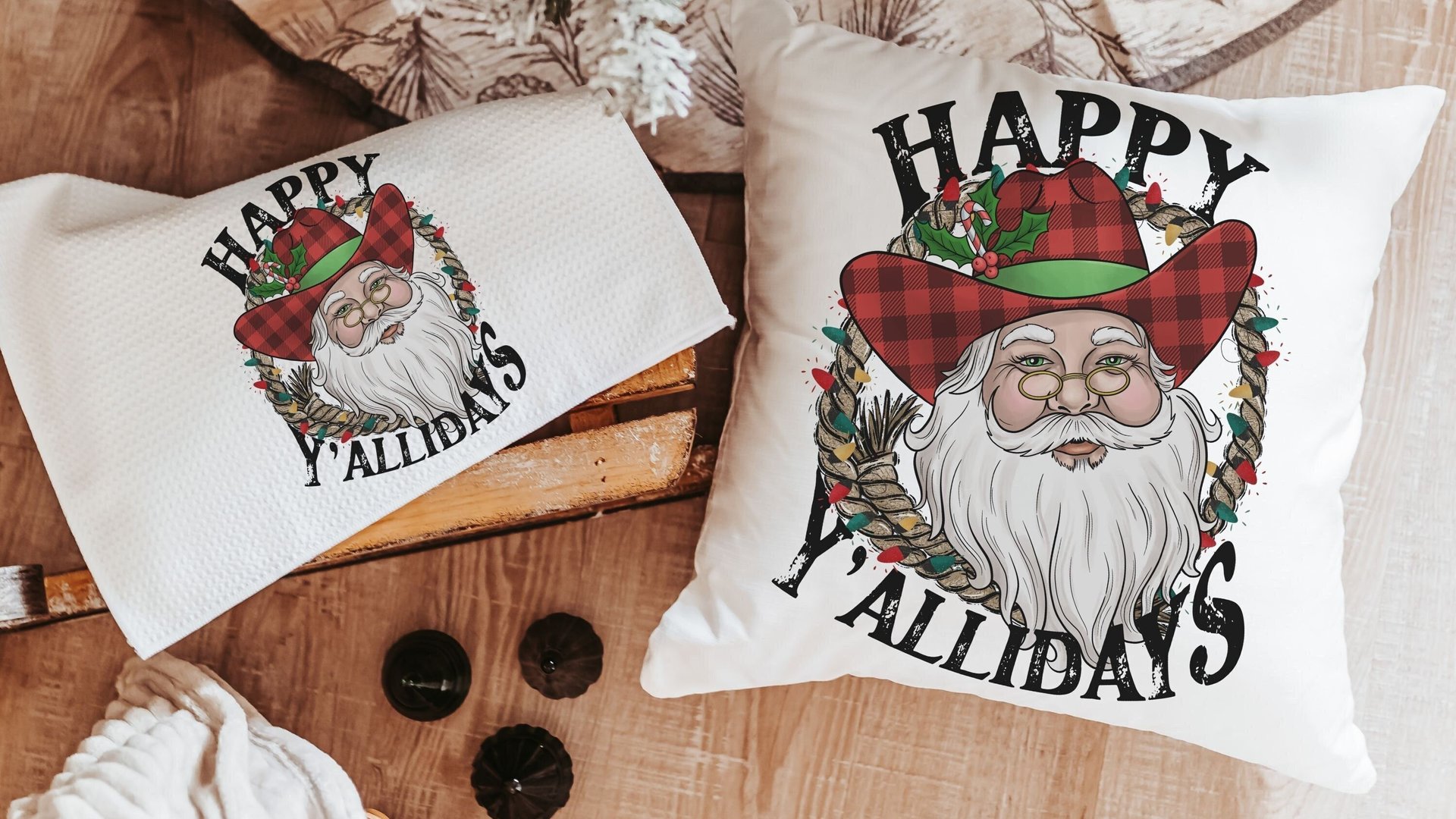 happy yallidays cowboy Santa throw pillows for sofa, rodeo Christmas pillow, western Christmas decor, white elephant gifts funny Christmas