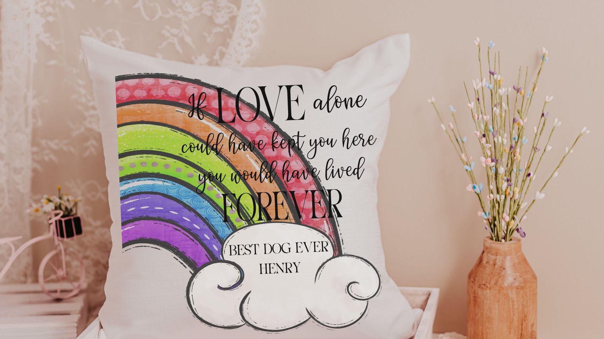 personalized dog rainbow bridge throw pillow for couch, remembrance pillow for sofa, grieving dog loss sympathy gift for women, loss of dog