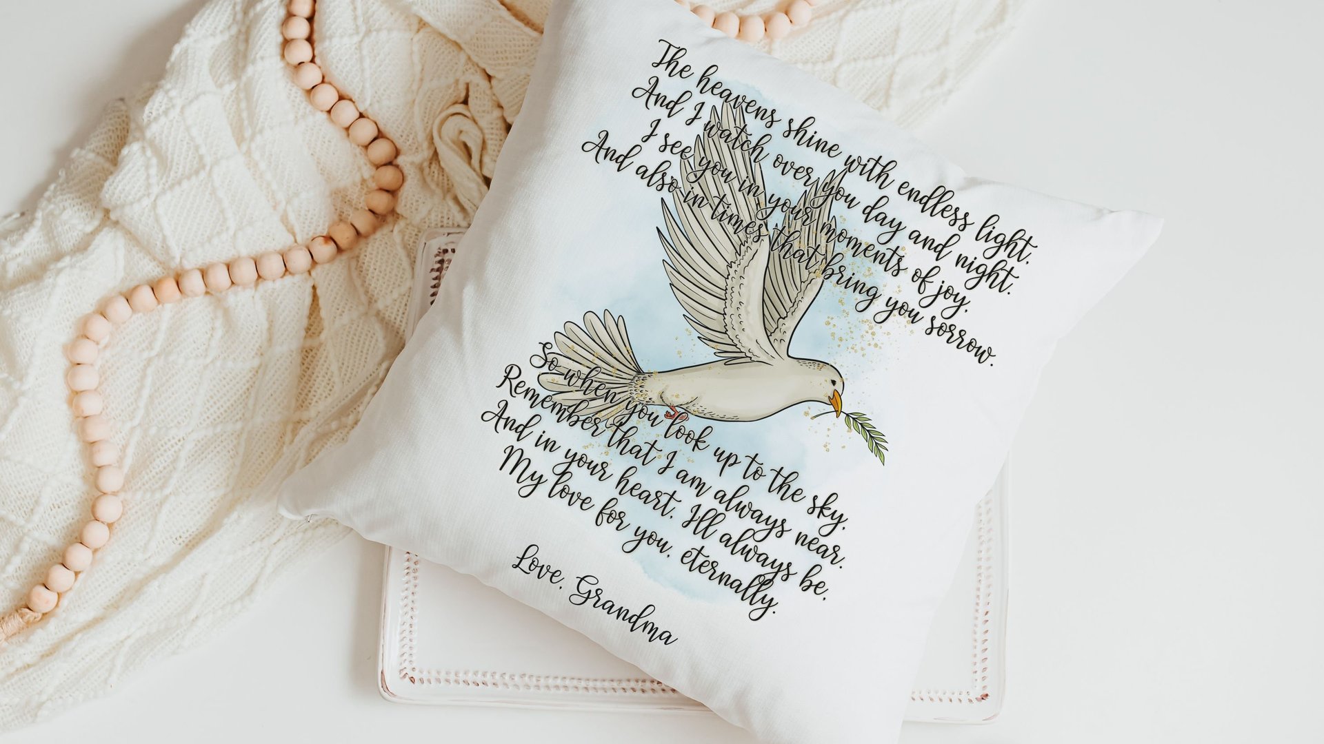 personalized dove of peace hug from Heaven pillow for couch, bereavement gift loss of mother sympathy gift for daughter, remembering a loved