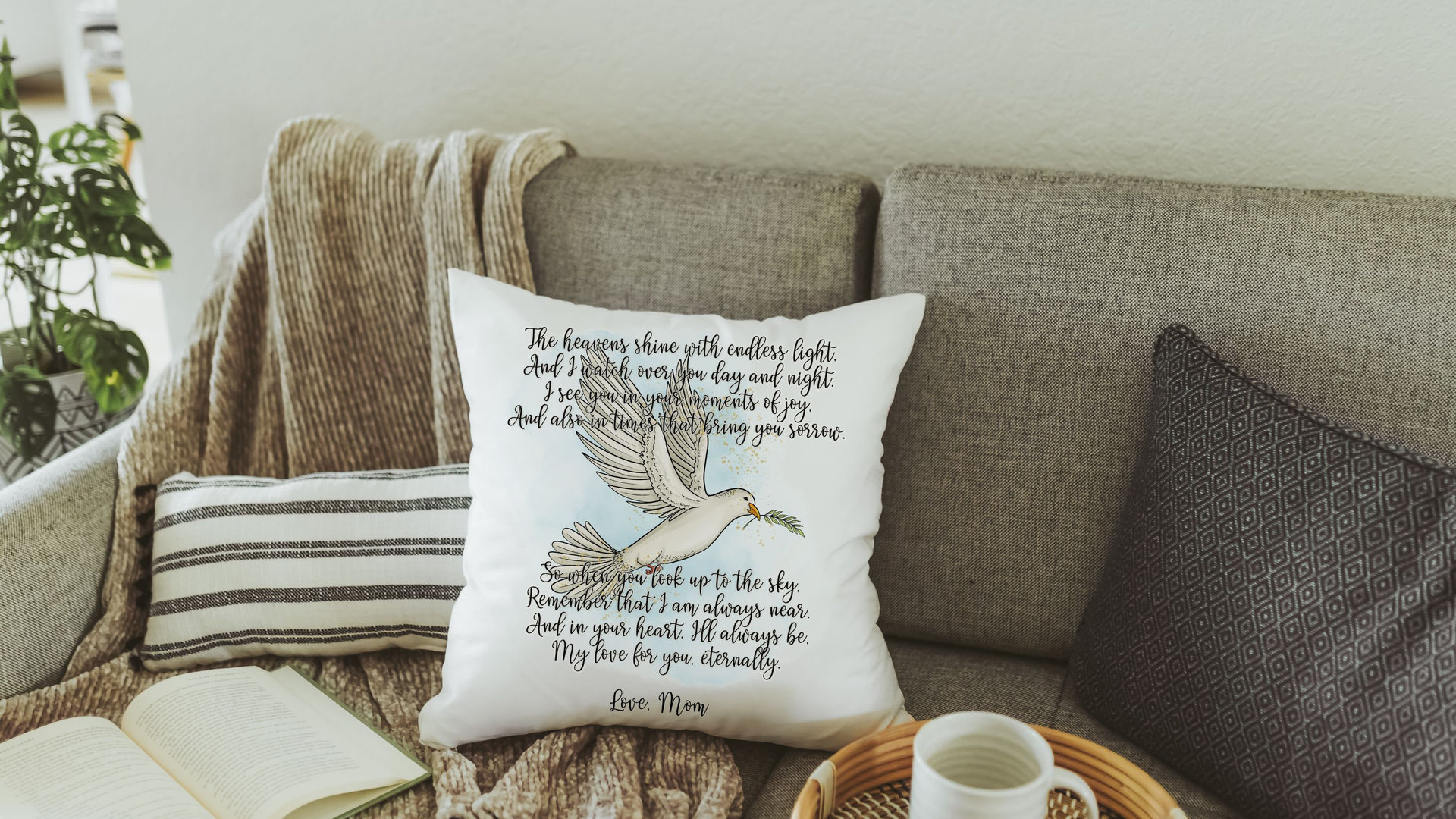 personalized dove of peace hug from Heaven pillow for couch, bereavement gift loss of mother sympathy gift for daughter, remembering a loved