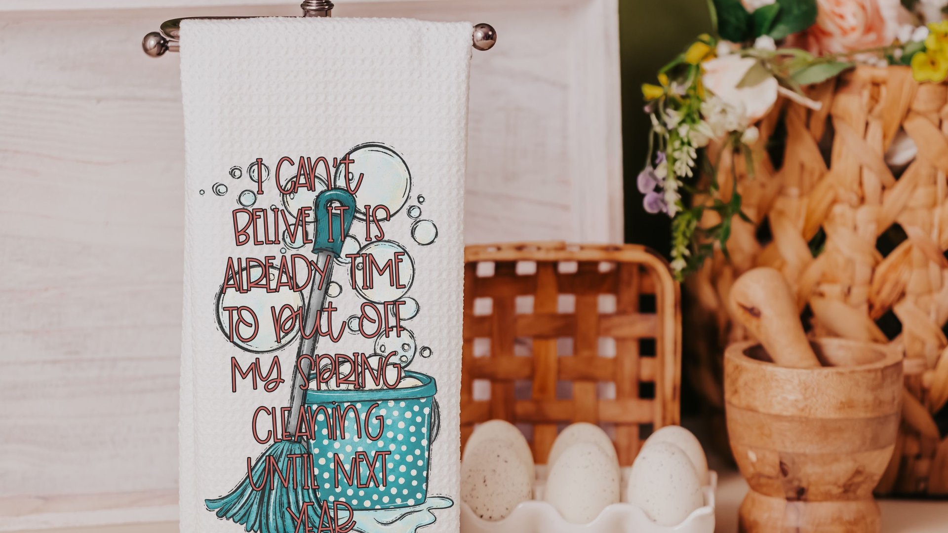 spring cleaning funny kitchen towels for women, spring decor for home, stay at home mom gifts from daughter home decor, cute kitchen hand