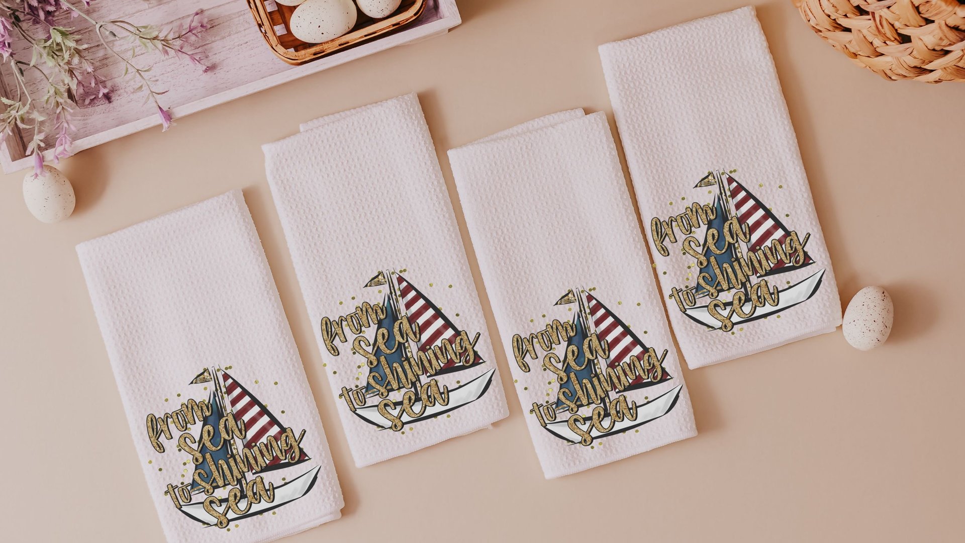 from sea to shining sea 4th of July kitchen towels for summer, sailboat kitchen decor, patriotic gifts for women, beach house gifts, sailing