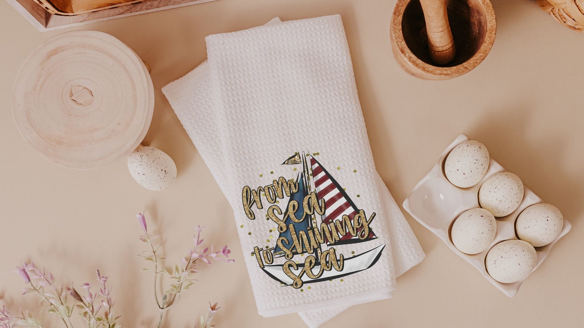 from sea to shining sea 4th of July kitchen towels for summer, sailboat kitchen decor, patriotic gifts for women, beach house gifts, sailing