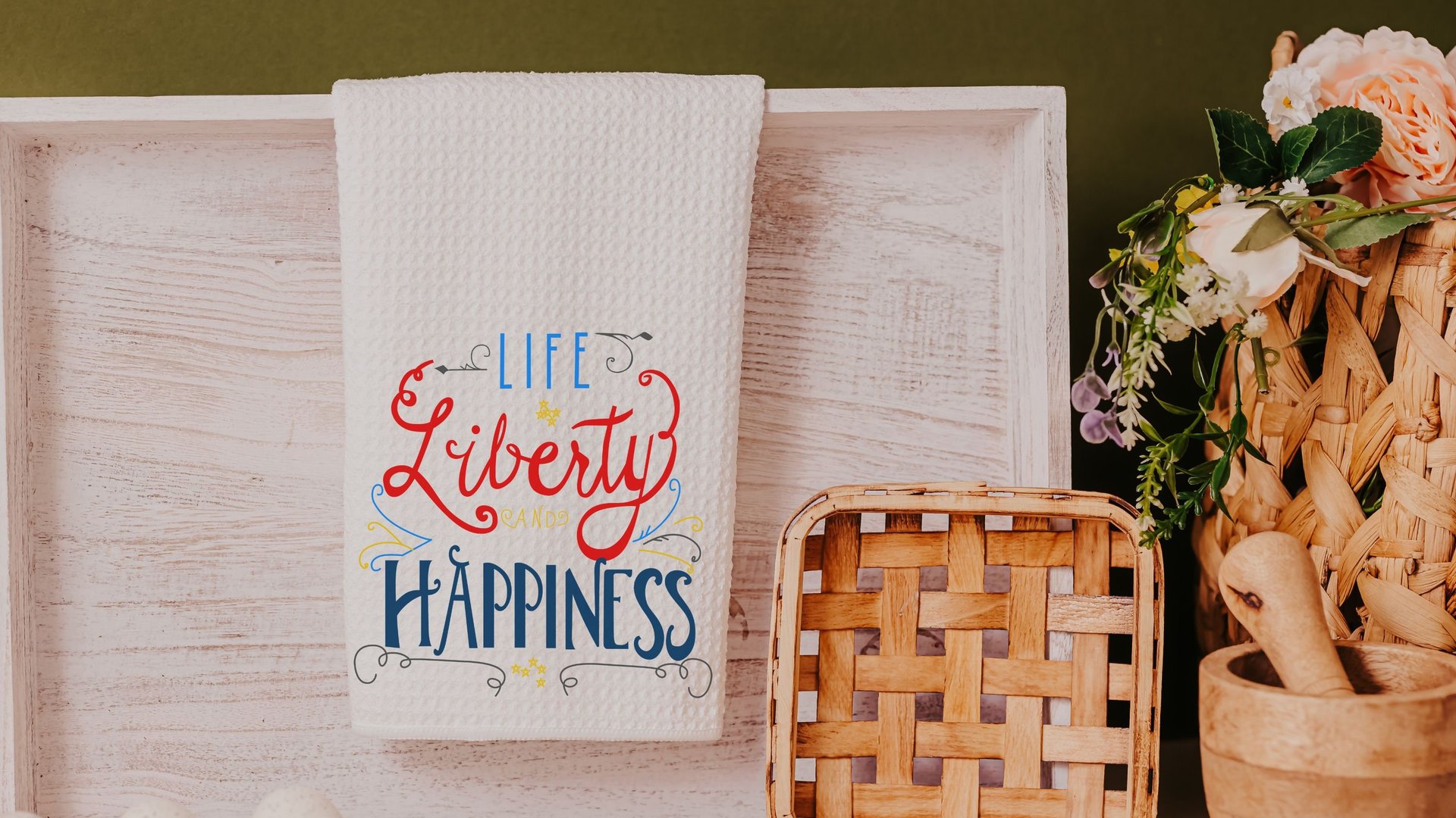 life liberty happiness throw pillow for sofa, patriotic decor for home, 4th of July kitchen towels, military mom gift, summer throw pillows