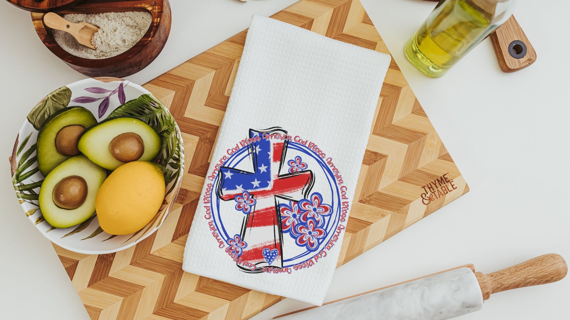 God bless America patriotic kitchen towels, 4th of July hostess gift for women, red white and blue Christian kitchen decor, military mom