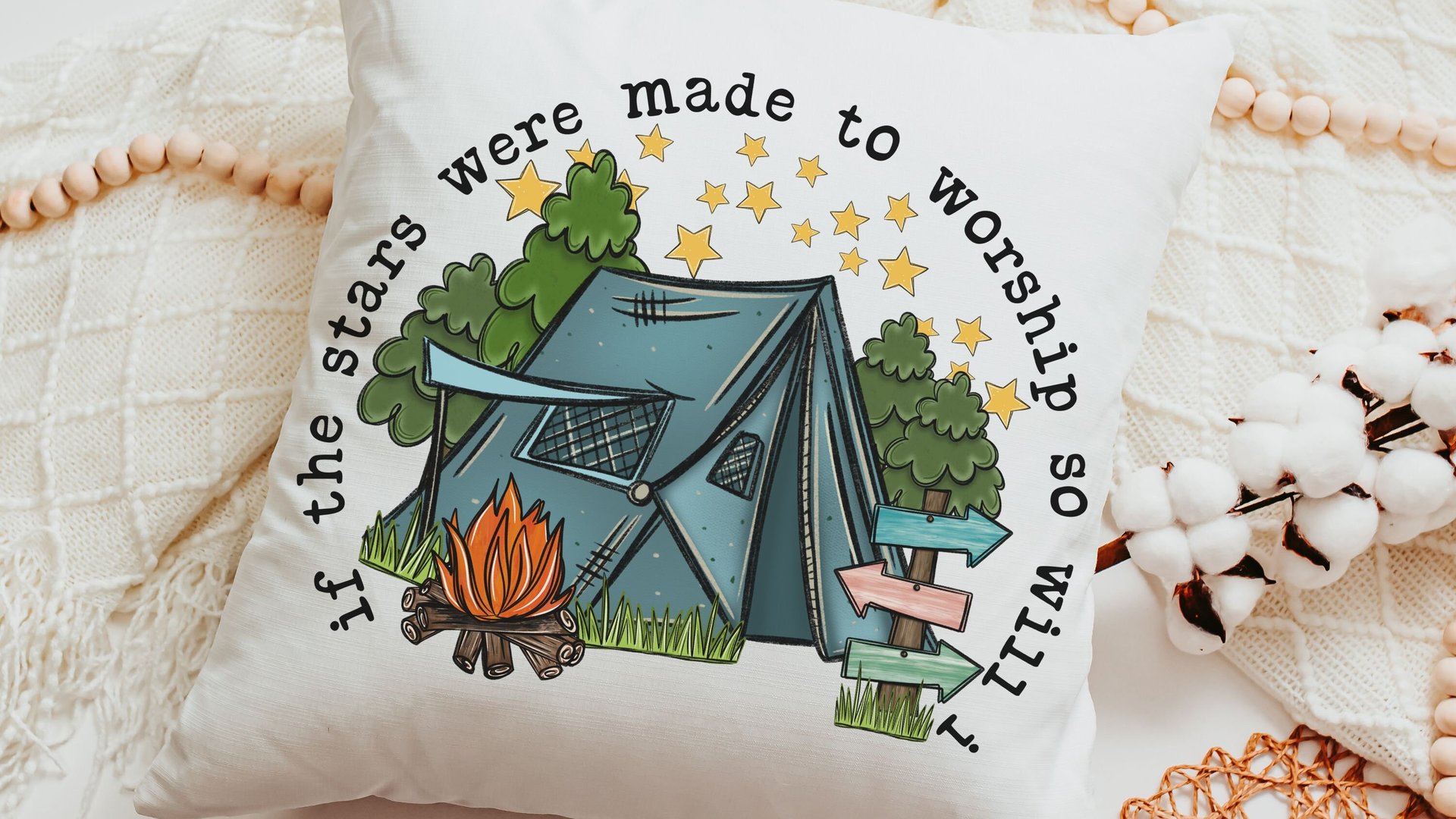 made to worship under the stars camping throw pillow for bench, Christian gifts for home, RV accessories for inside, camper decor pillow