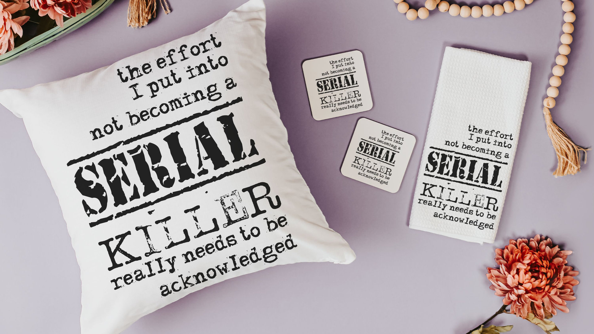 detective book reading nook pillow, dark humor gift set for best friend, serial killers and chill true crime gifts for women, funny coasters