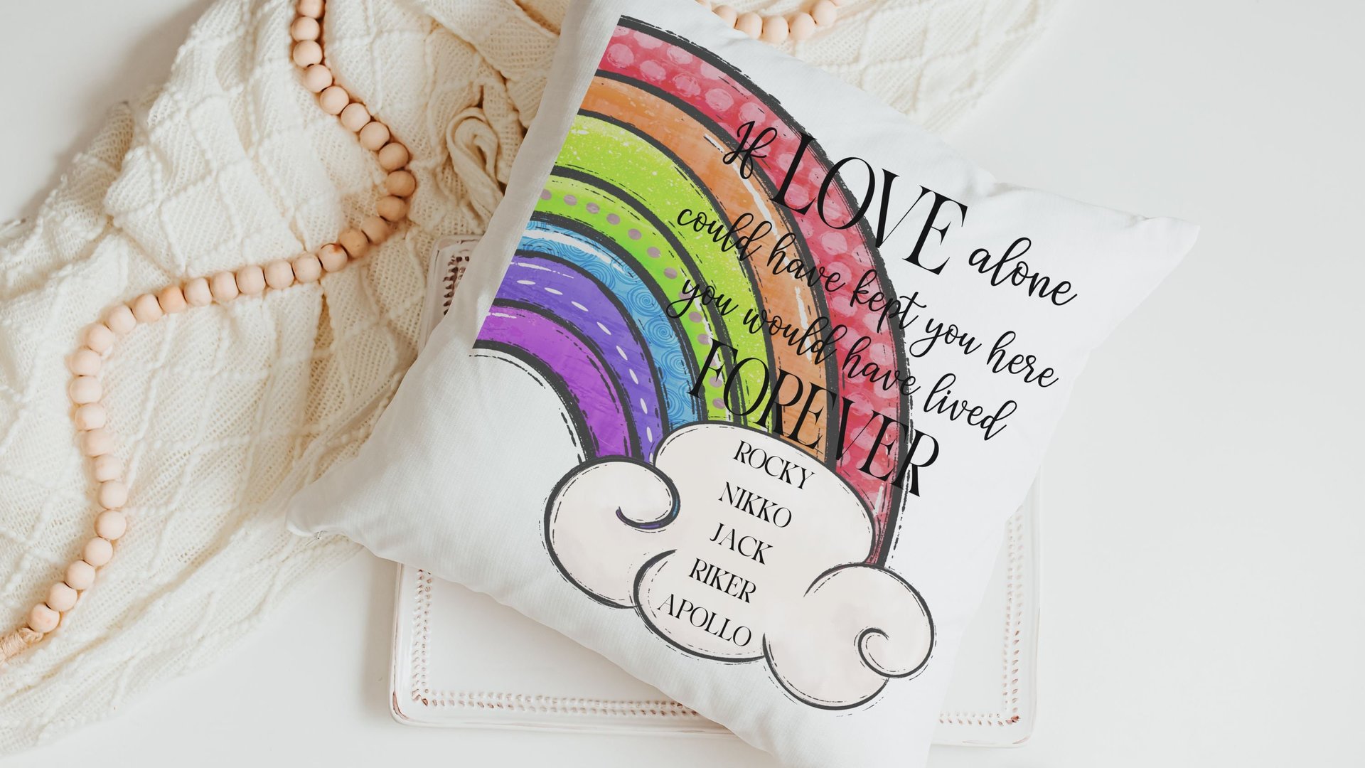 personalized dog rainbow bridge throw pillow for couch, remembrance pillow for sofa, grieving dog loss sympathy gift for women, loss of dog