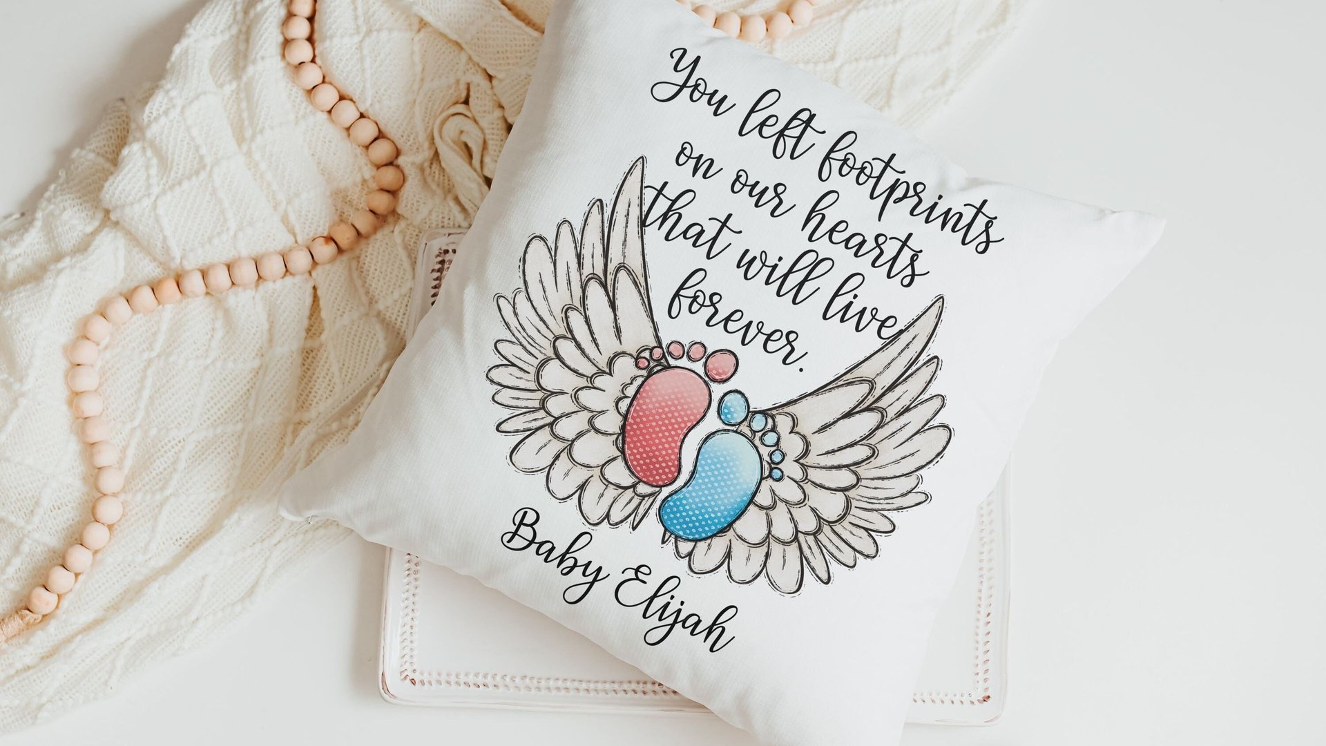 personalized footprints on our heart memorial throw pillow for bed, infant loss gifts for dad, bereavement gift loss of son for mother