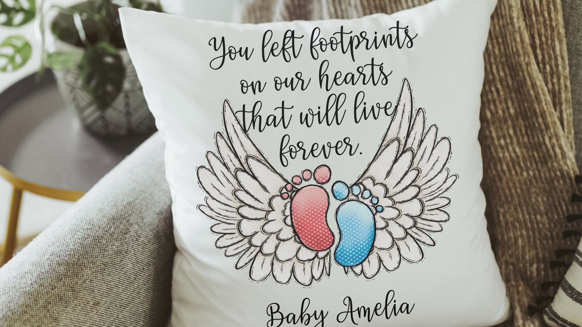 personalized footprints on our heart memorial throw pillow for bed, infant loss gifts for dad, bereavement gift loss of son for mother