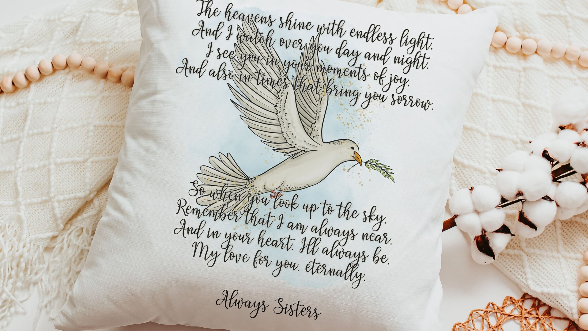 personalized dove of peace hug from Heaven pillow for couch, bereavement gift loss of mother sympathy gift for daughter, remembering a loved