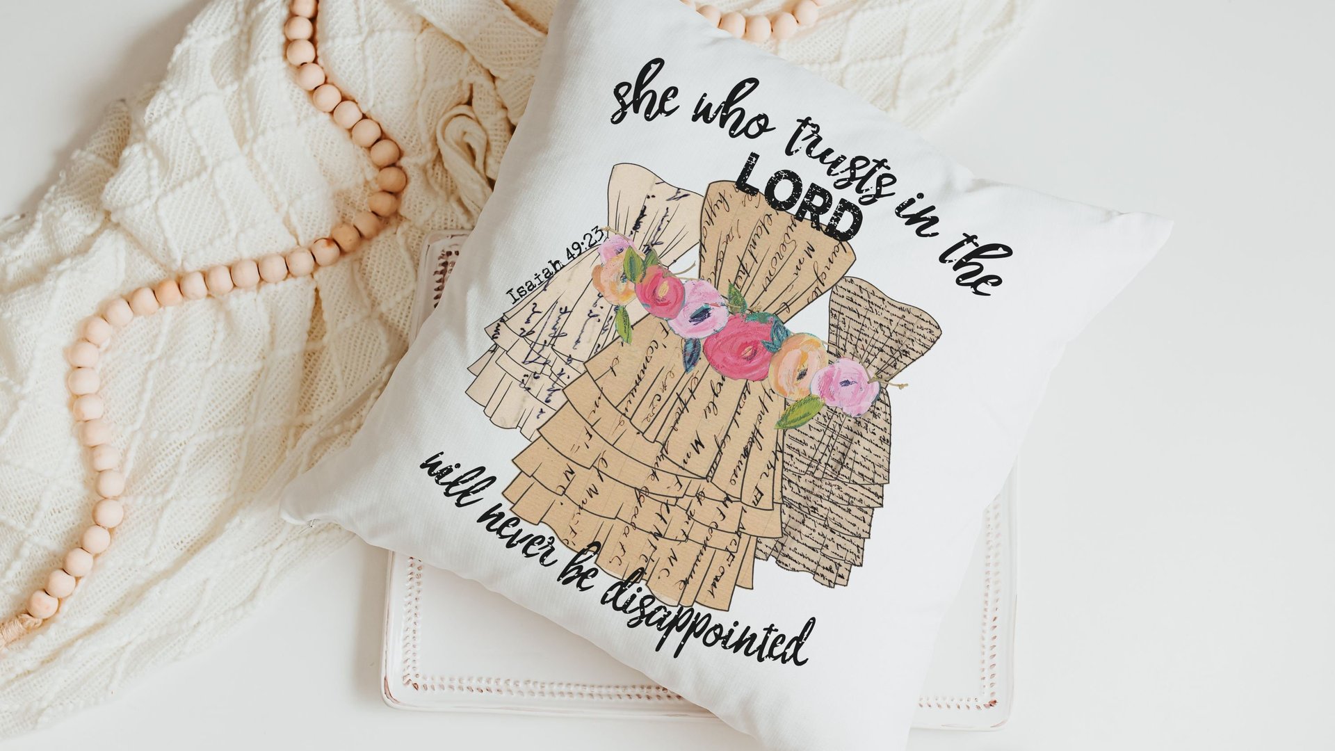 Isaiah 49 Bible verse throw pillow for dorm, Christian gifts for women faith gifts for her, scripture decor, floral throw pillow cover 18x18