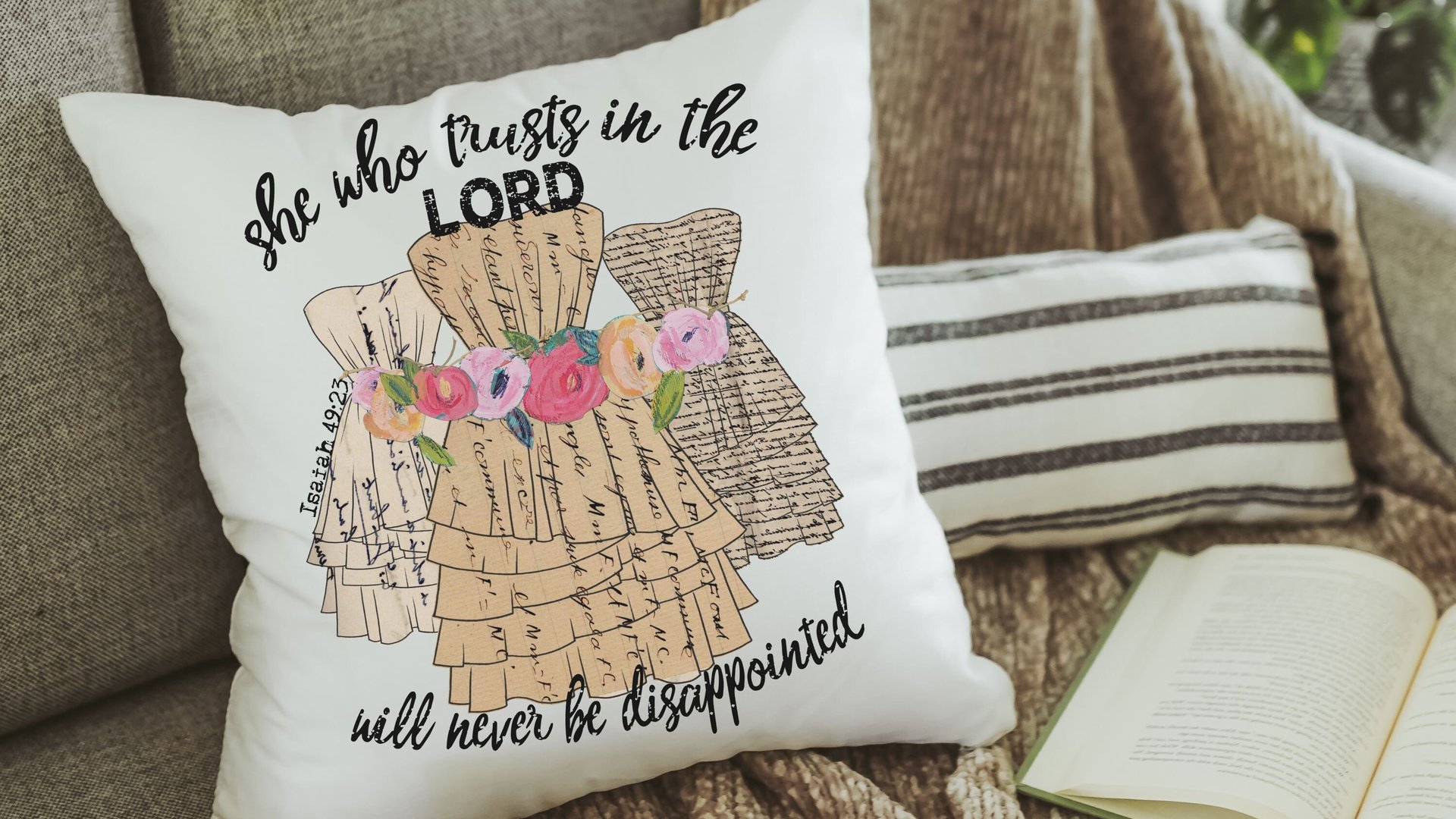Isaiah 49 Bible verse throw pillow for dorm, Christian gifts for women faith gifts for her, scripture decor, floral throw pillow cover 18x18