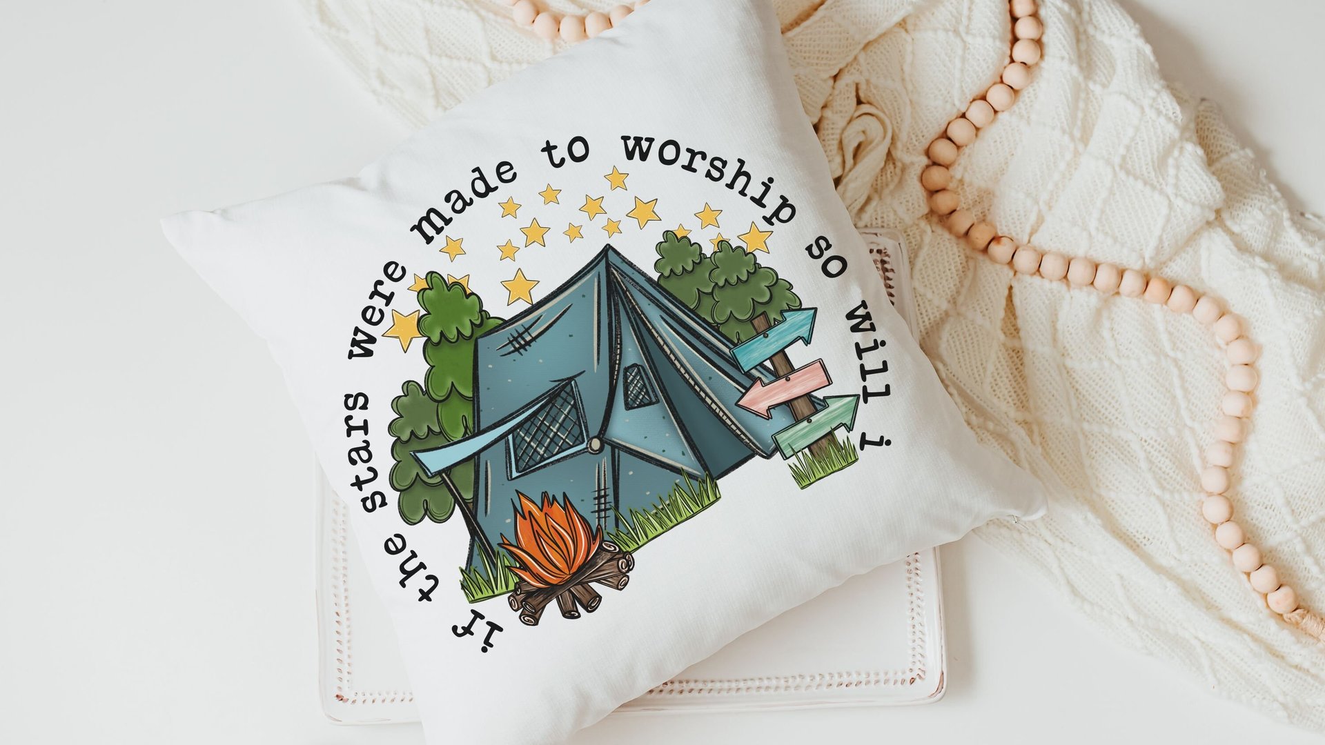 made to worship under the stars camping throw pillow for bench, Christian gifts for home, RV accessories for inside, camper decor pillow