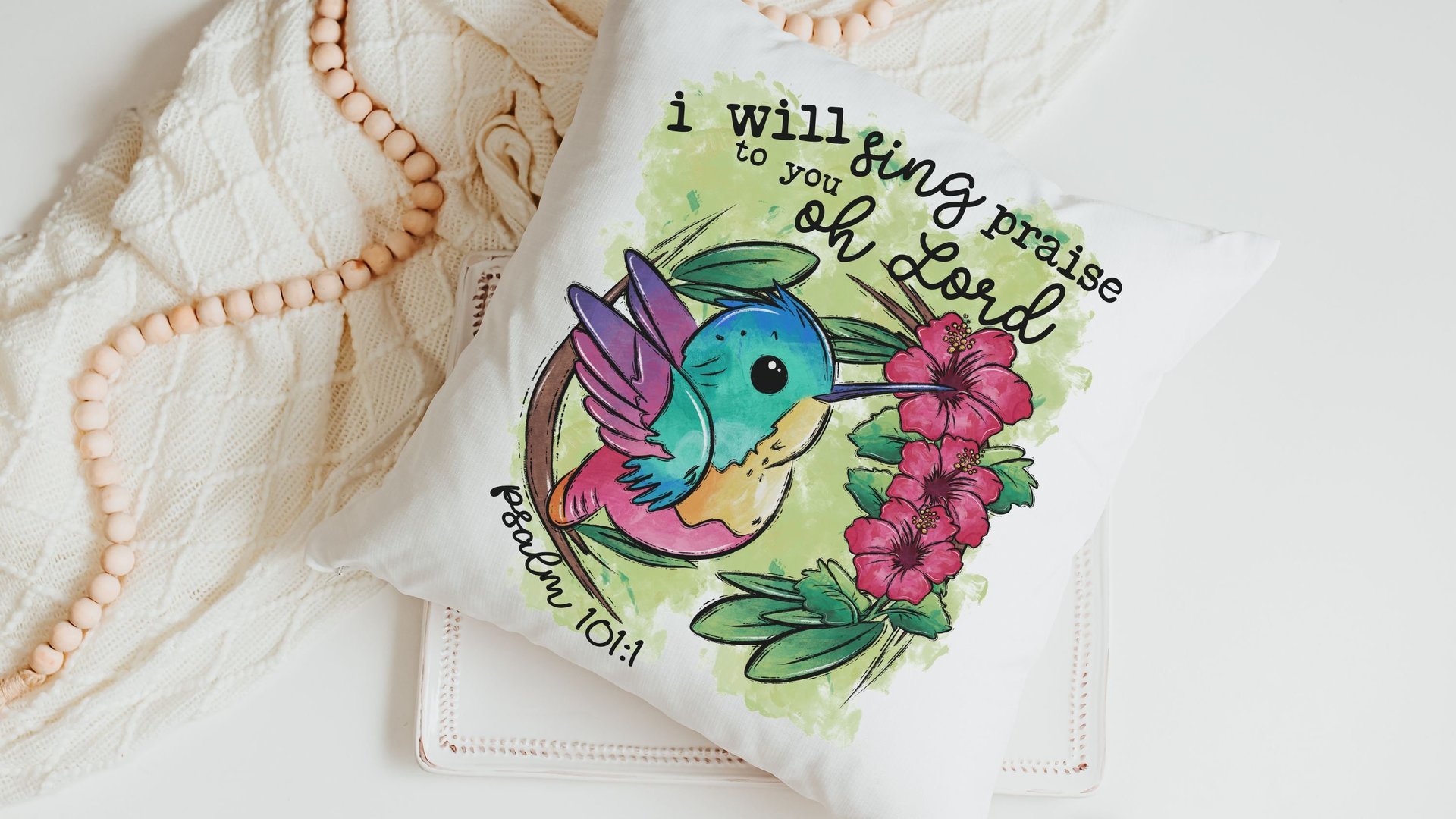Psalm 101 I will sing praise to you oh Lord hummingbird throw pillow for nursery, Christian gifts for women faith gifts for her, tropical