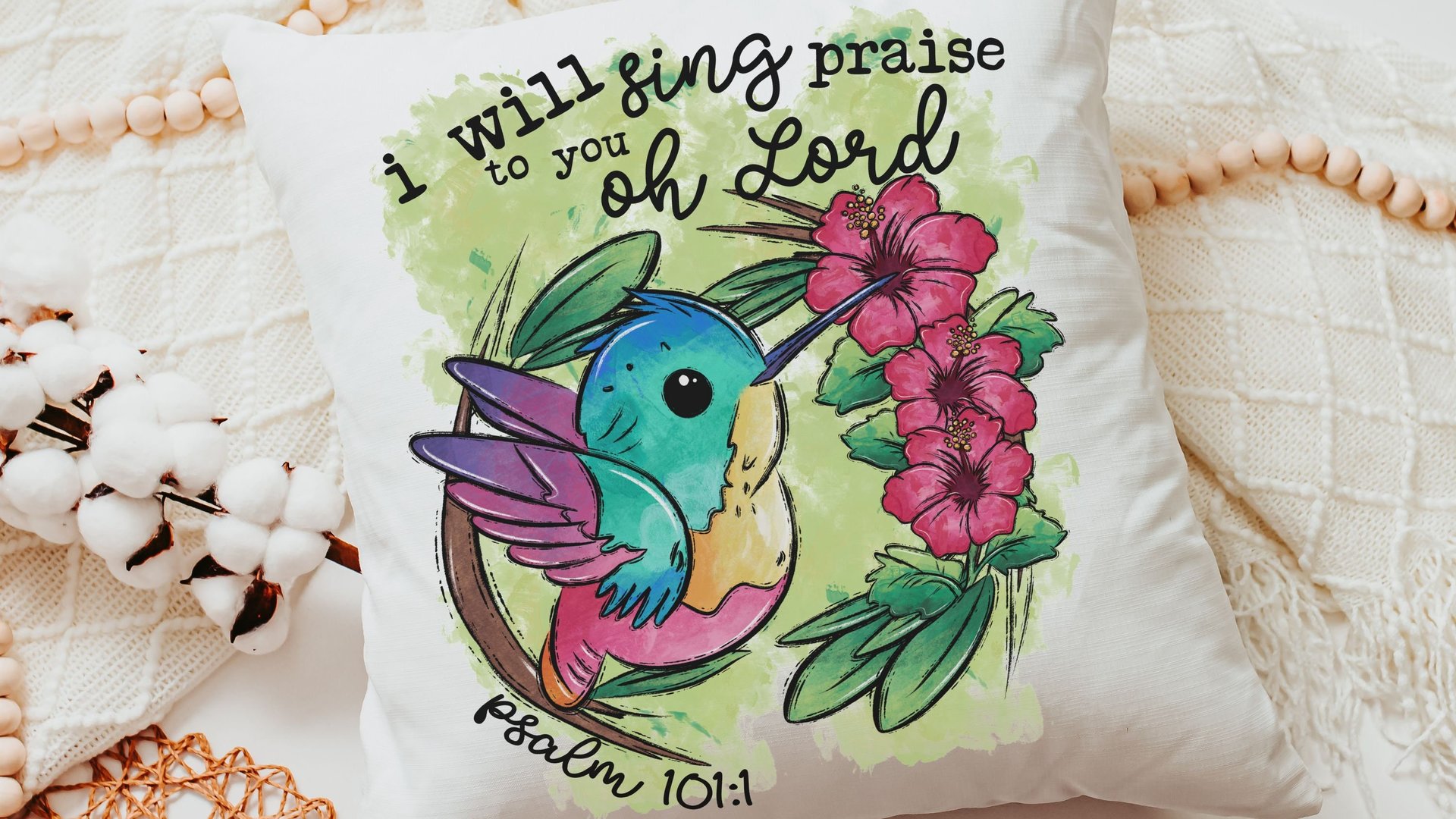 Psalm 101 I will sing praise to you oh Lord hummingbird throw pillow for nursery, Christian gifts for women faith gifts for her, tropical