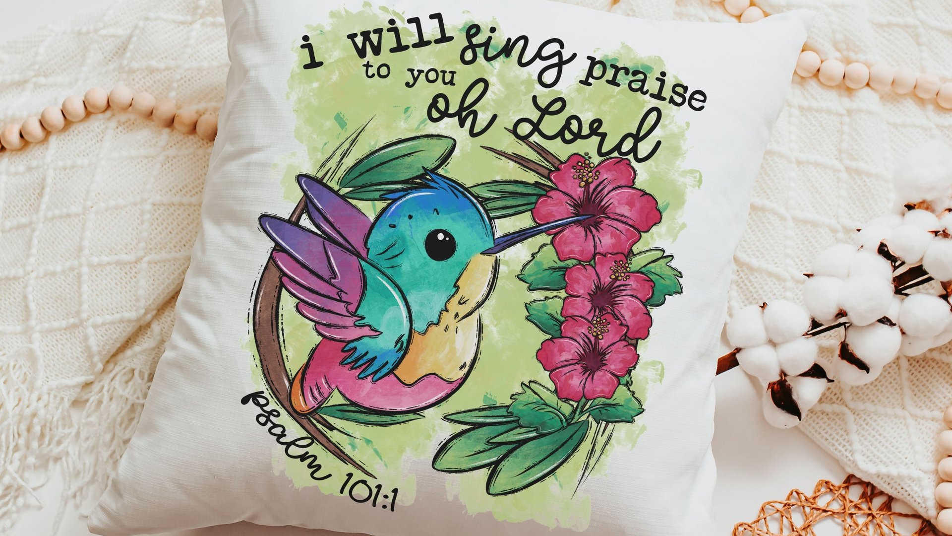 Psalm 101 I will sing praise to you oh Lord hummingbird throw pillow for nursery, Christian gifts for women faith gifts for her, tropical
