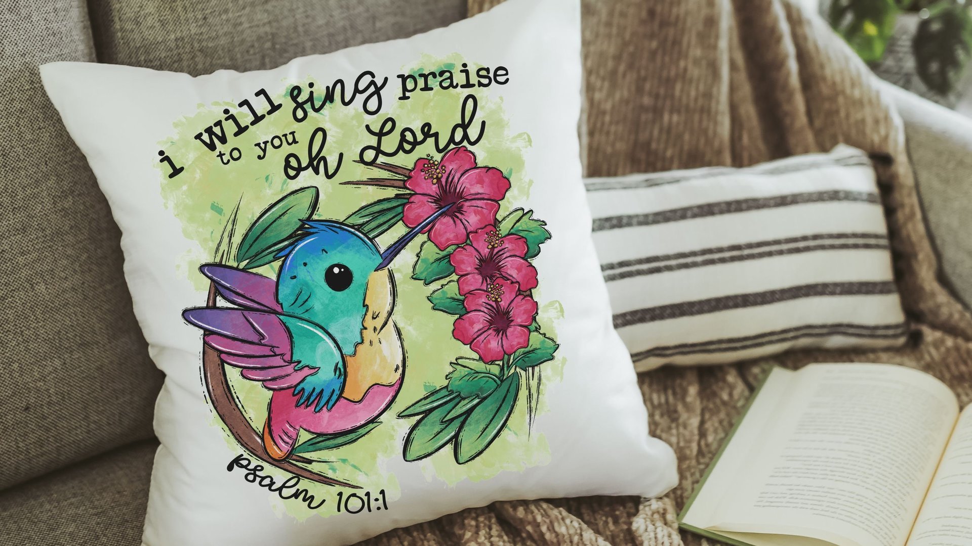 Psalm 101 I will sing praise to you oh Lord hummingbird throw pillow for nursery, Christian gifts for women faith gifts for her, tropical
