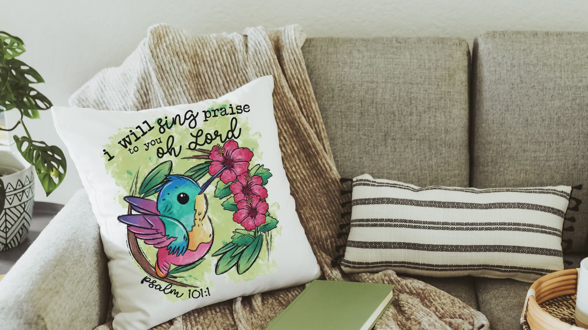 Psalm 101 I will sing praise to you oh Lord hummingbird throw pillow for nursery, Christian gifts for women faith gifts for her, tropical