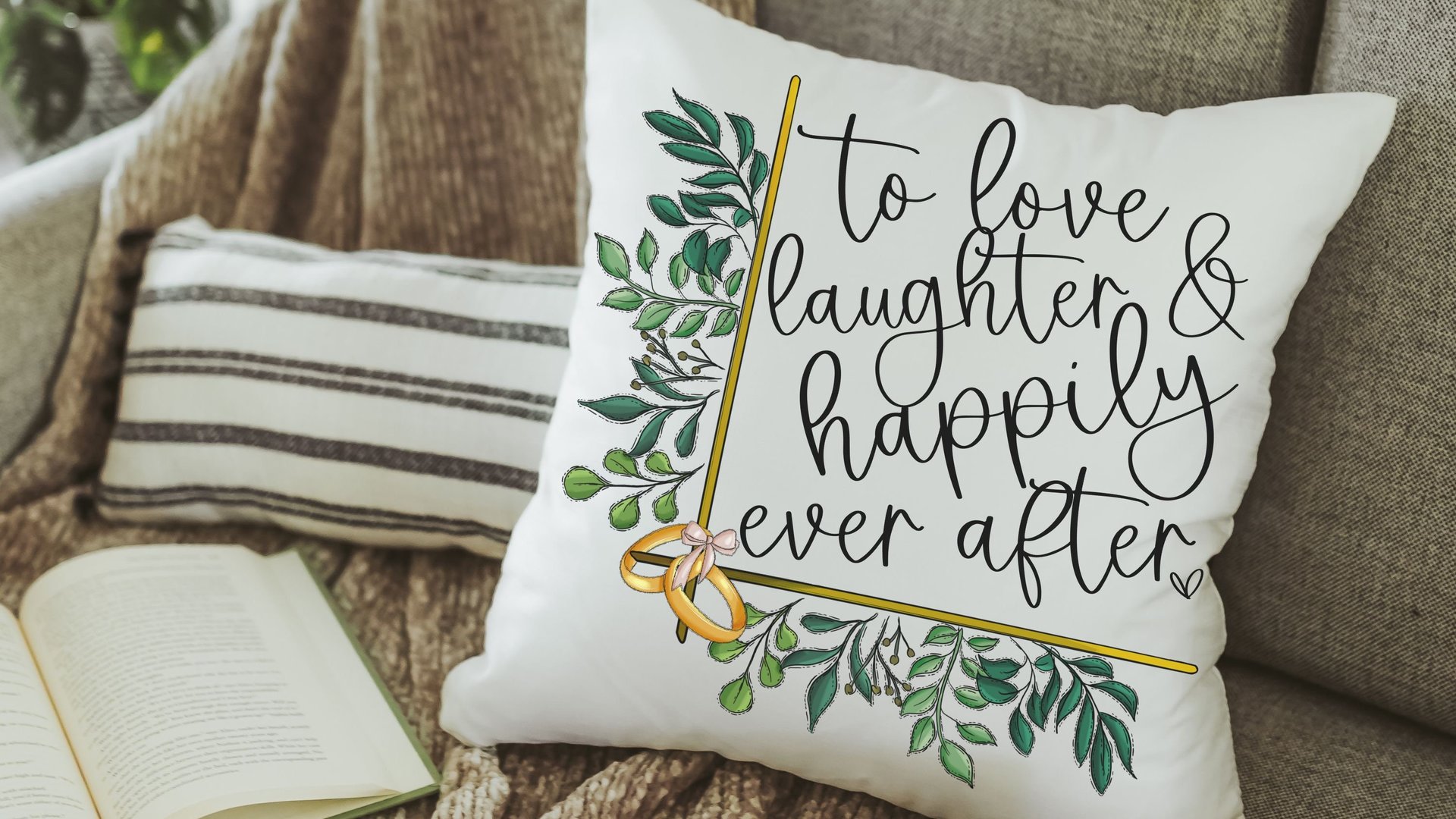 greenery wedding throw pillow for bedroom, happily ever after bridal shower gift, unique engagement gifts for couple, wedding day gift for