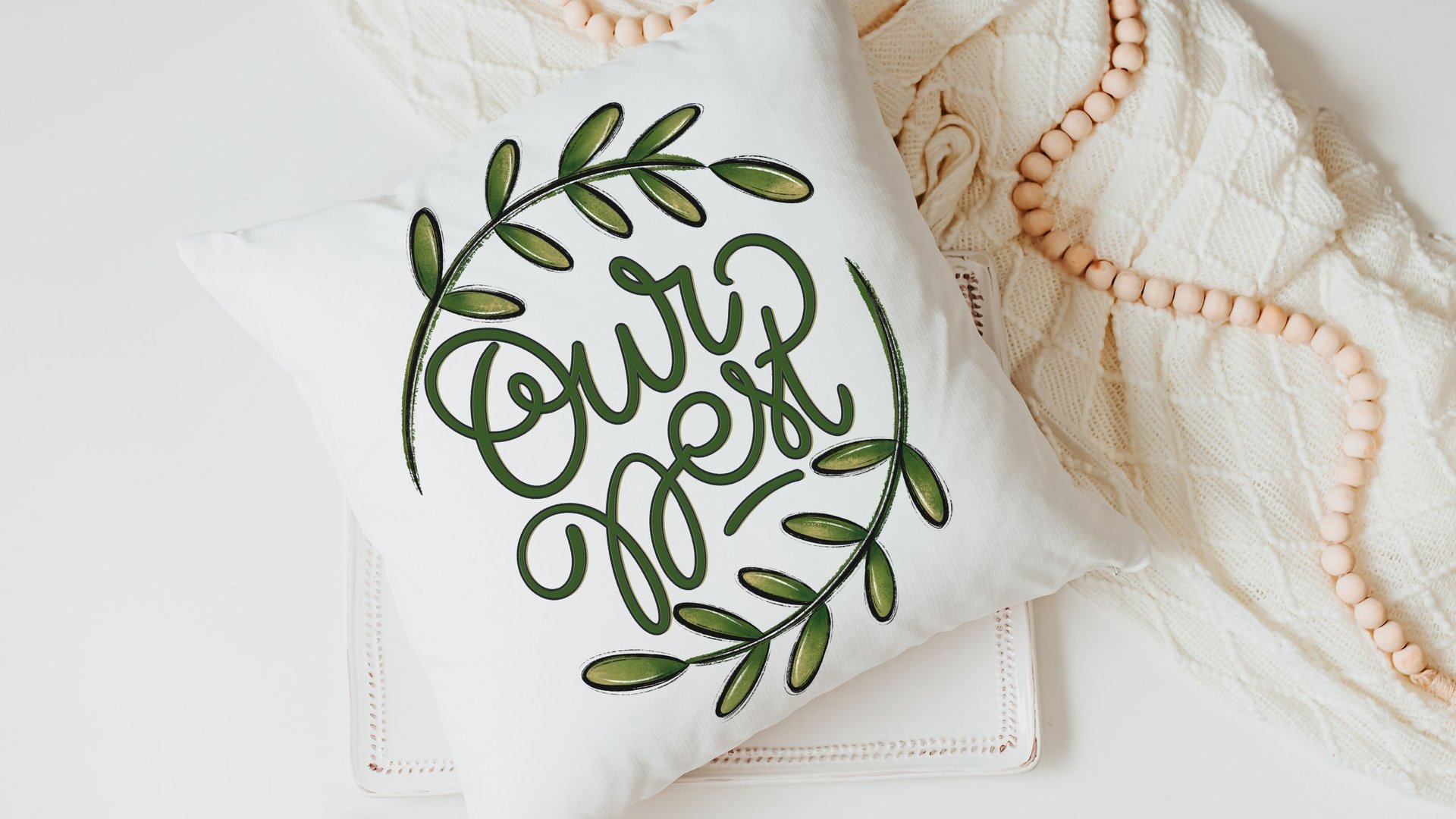 botanical throw pillow for sofa, our nest kitchen towels for friends, new home housewarming gift set for couple, greenery wedding gifts for